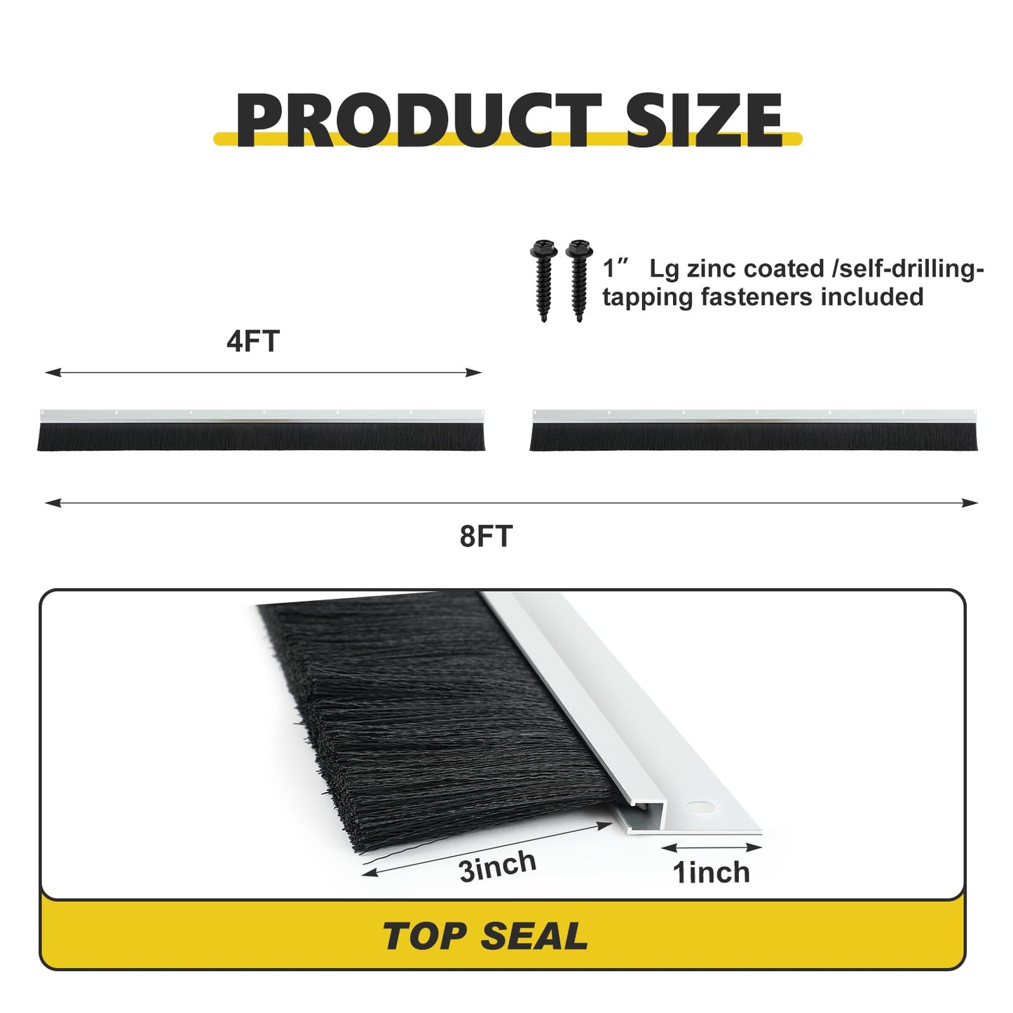 DoubleFill 3" Roll up Garage Brush Seal for Top, 8ft Long Heavy Duty Garage Door Seal Nylon Brush with Aluminum Track No-Drill 45deg Holder for Commercial, Corrugated, Sliding Barn, Hangar Doors