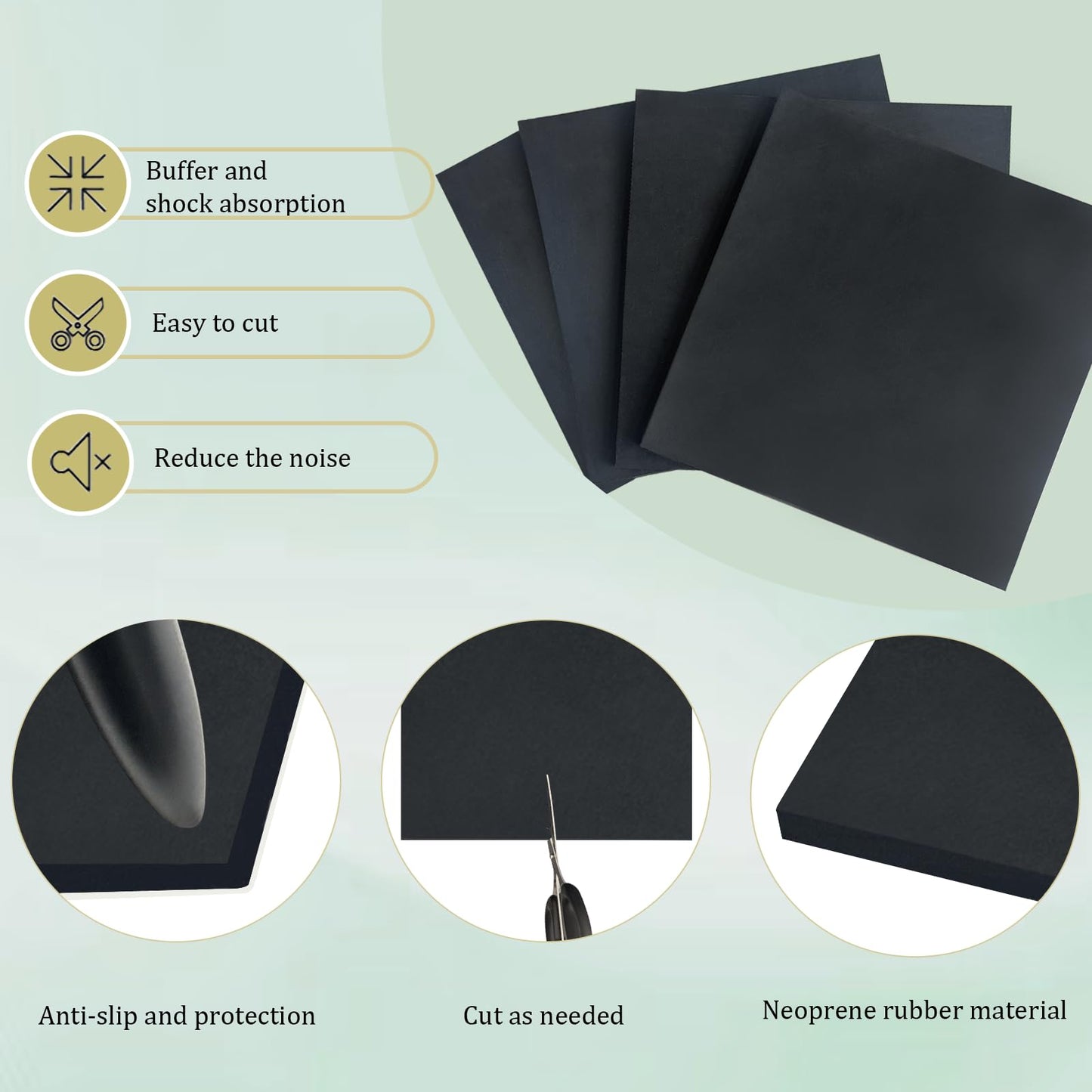 4 Pieces Neoprene Rubber Pads with Adhesive Backing 1/4 in Thick x 4 in x 4 in, Anti Vibration Pads, Rubber Block for Anti-Slip, Shock Absorption, Protection