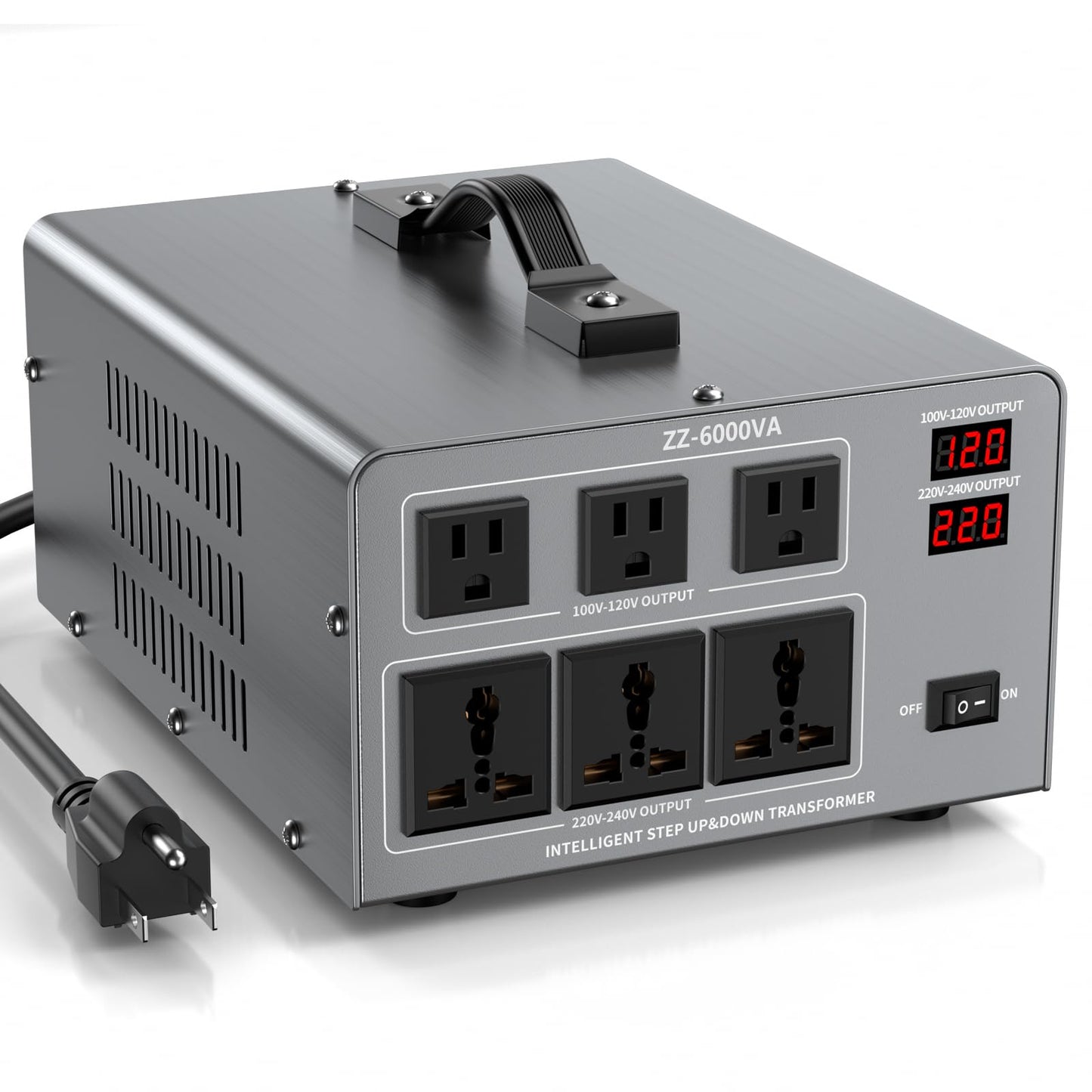 6000W Voltage Converter Transformer Step Up/Down 110V/120V to 220V/240V, Auto Voltage Recognition, Heavy Duty Power Converter with 6 Outlets, LCD Display & Circuit Breaker for Home, International Use