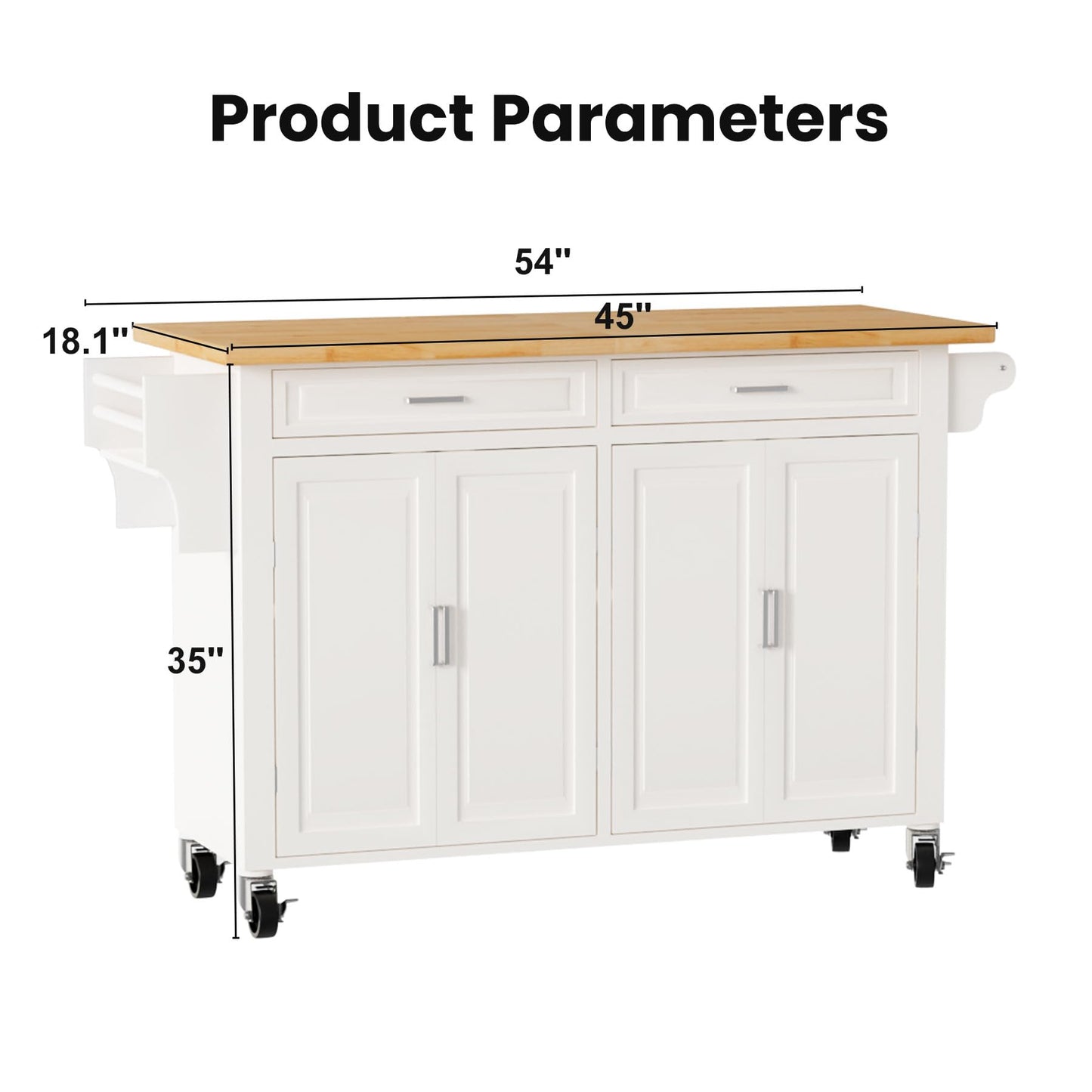 HiDSLiving Kitchen Island with Storage 54" Large Rolling Kitchen Island Cart On Wheels 2 Cabinets 2 Drawers,Spice Towl Rack Mobile Kitchen Table White (No Drop Leaf)