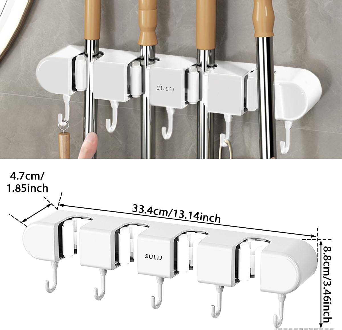 Skiennix Broom Holder Wall Mount - No-Drilling Self-Adhesive Storage Rack with Hooks | 2 Pcs, White