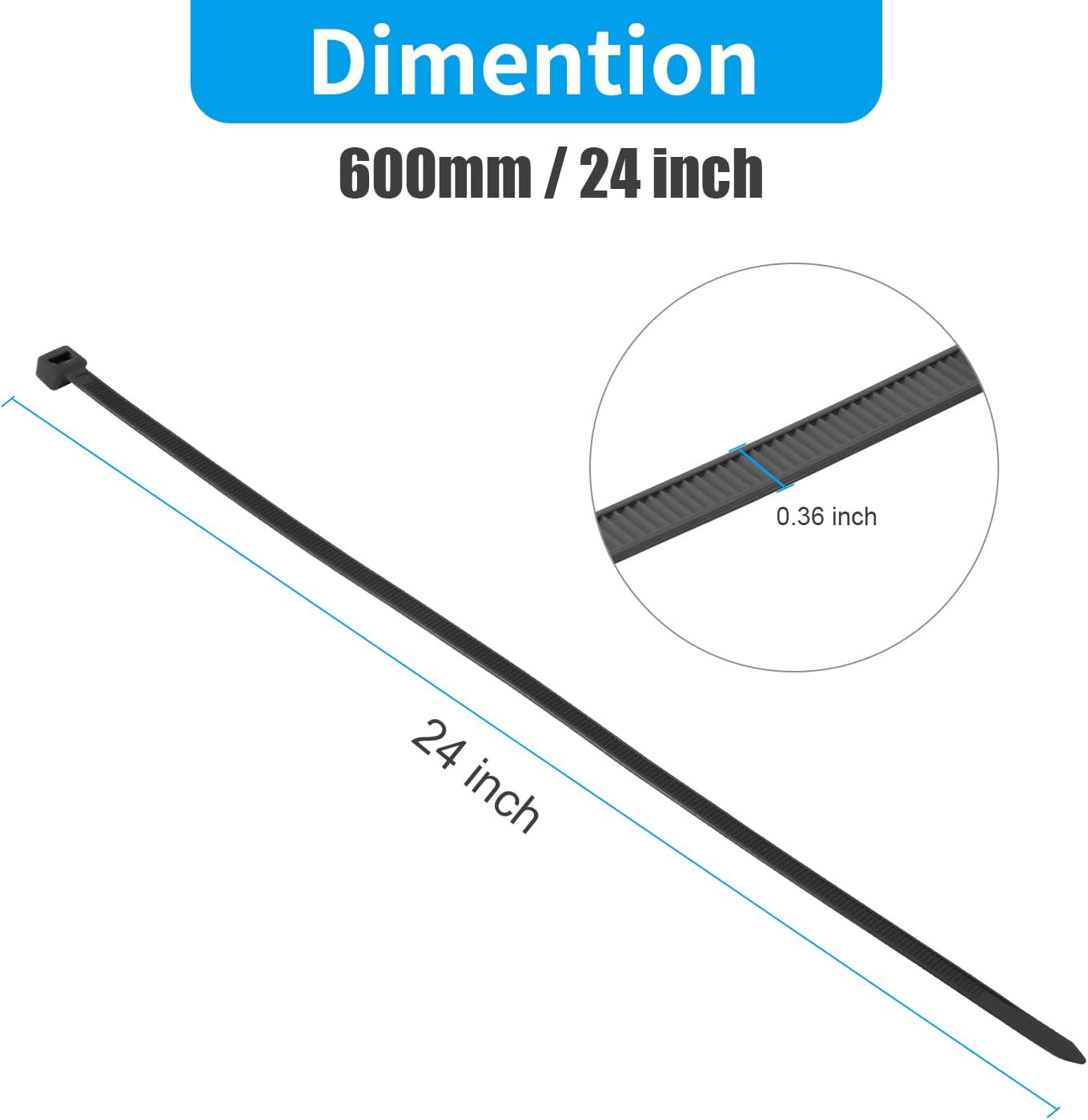 24 inch 100 200LBS XINGO Black Long Zip Ties Heavy Duty PCS, Ultra Strong Plastic Wire Ties, Large Cable Ties Extra