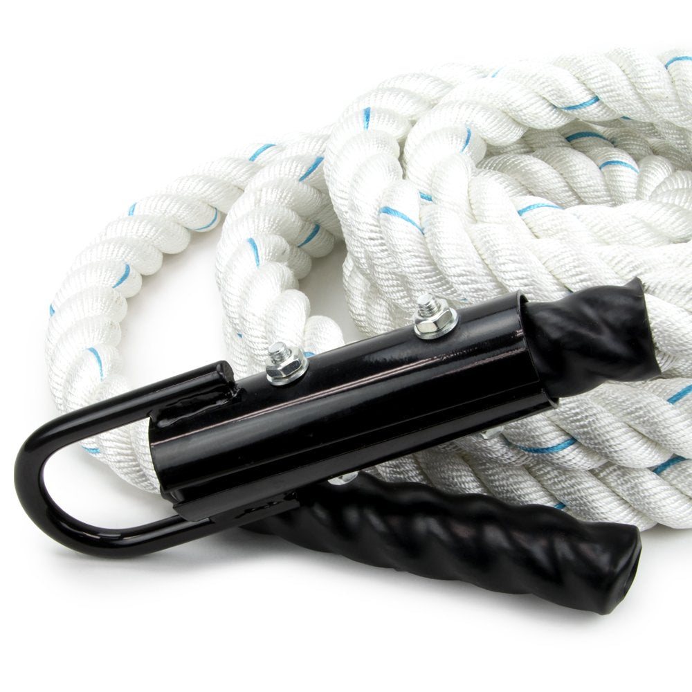 Crown Sporting Goods 1.5" Gym Climbing Rope for Adults (30-foot) - Poly Dacron Twist with Carabiner Eyehook - Strength Conditioning, Physical Education Fitness Equipment, Home Workout