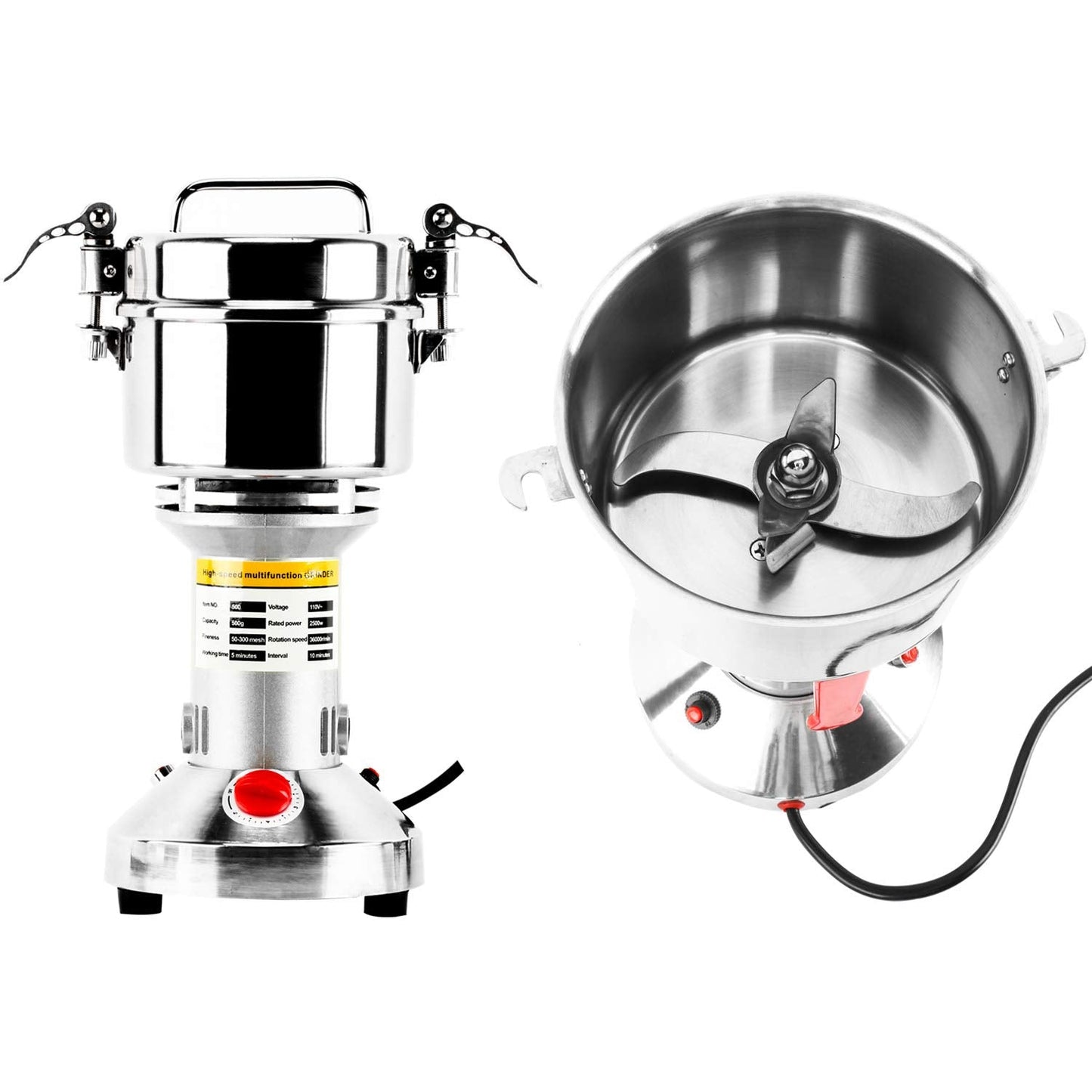 DasMarine 500g High Speed Electric Grain Mill Grinder - Commercial Stainless Steel Spice Grinder with 2500W Motor, 50-300 Mesh, 36000RPM - Ideal for Kitchen Herb, Spice, and Pepper Grinding (500g)