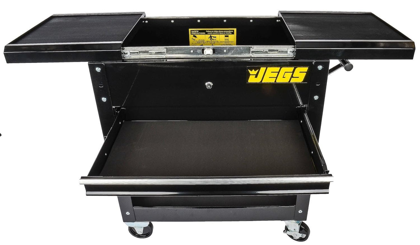 JEGS Heavy-Duty Tool Box Cart | 220 LBS Capacity | Uses Four 4" Caster Wheels | Includes 2 Keyes and 6 Drawer Liners | Black with JEGS Logo | 2 Locking Drawers | Sliding Top