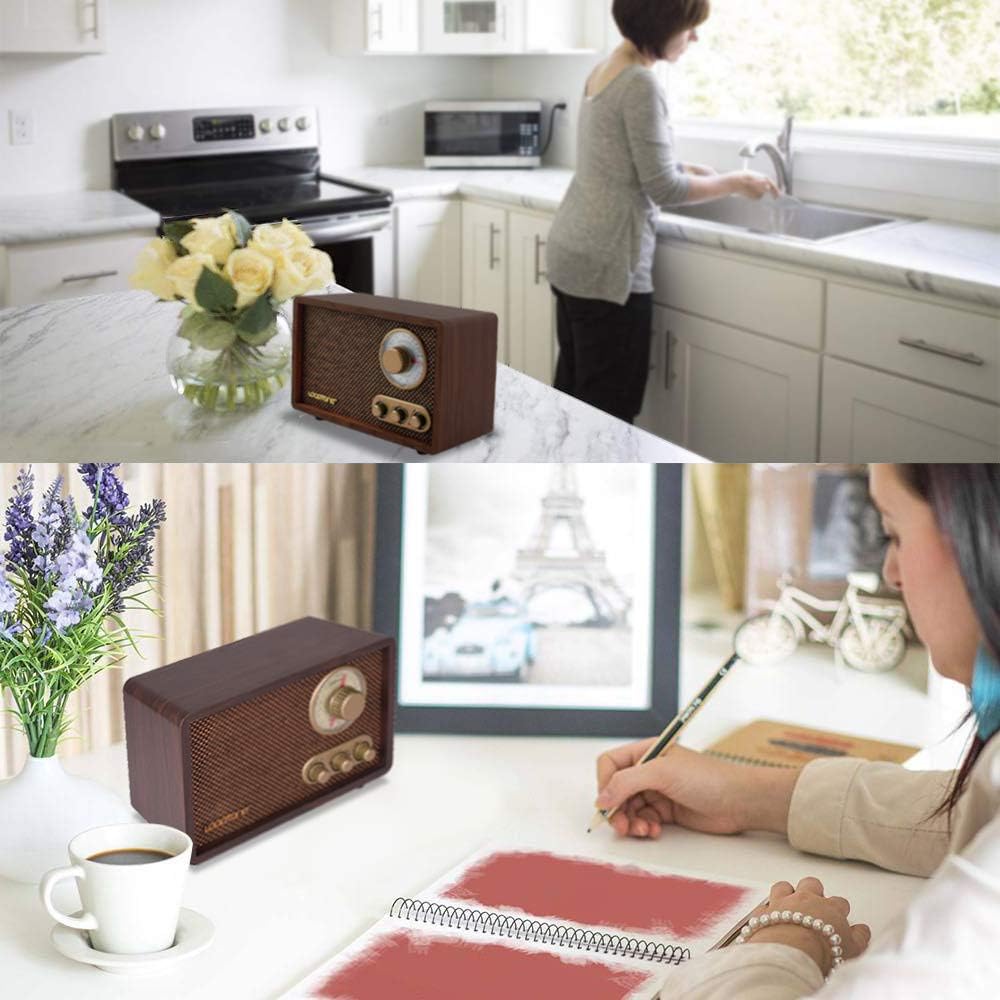 LoopTone Mp3 FM AM Radio Retro Wood Radio with Bluetooth Play and Antenna Built in Speaker for Kitchen Living Room