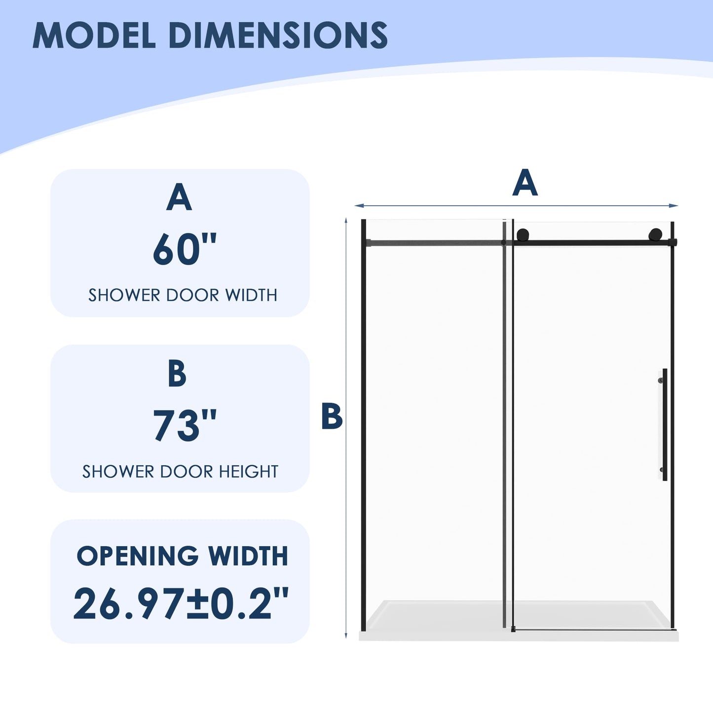 60" W x 73" H Single Sliding Glass Shower Door, Frameless Water Repellent Bypasss Walk-in Bathroom Door, 5/16" (8mm) SGCC Tempered with Explosion-Proof Film, Nano Coating, Matte Black Finish