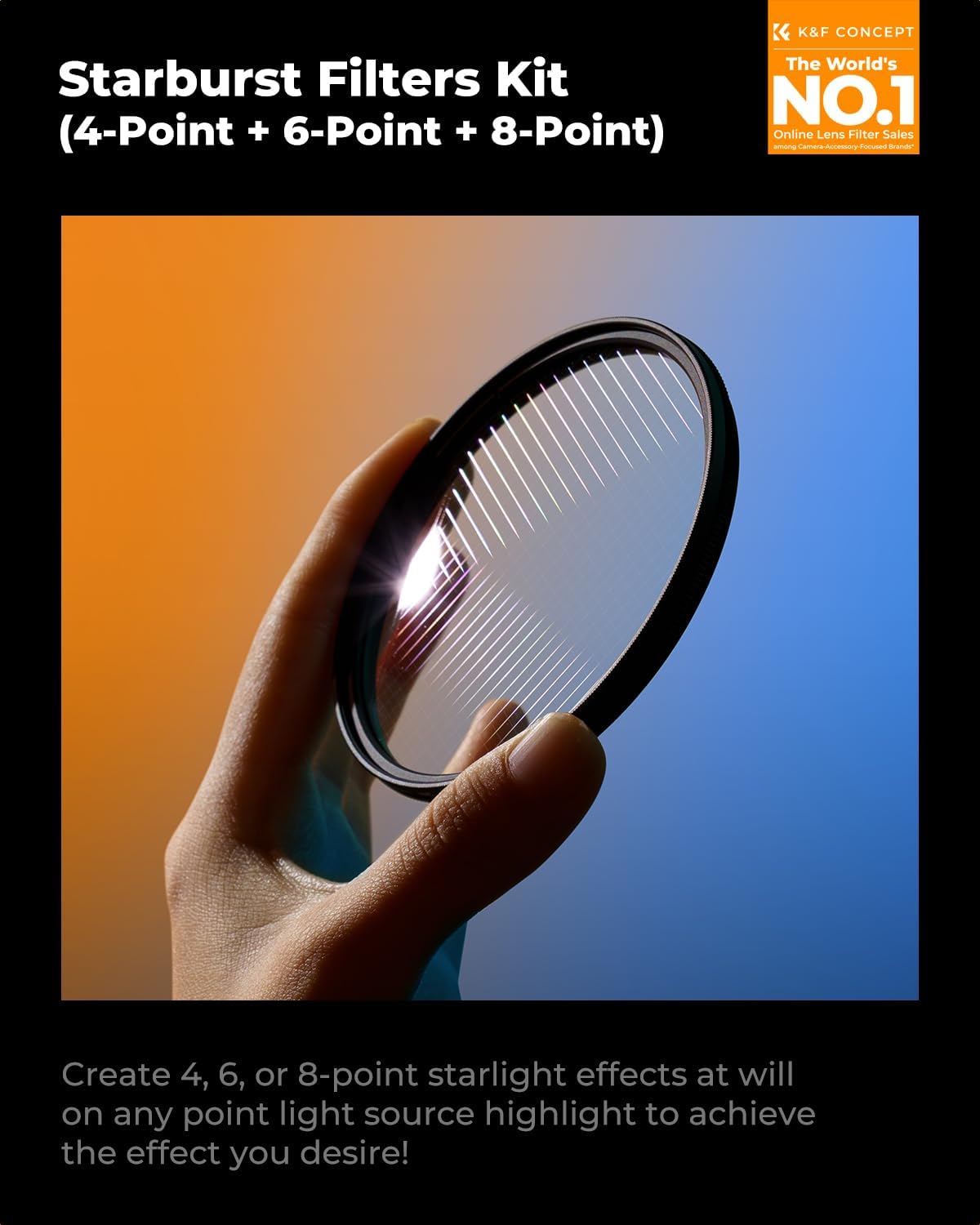 K&F CONCEPT 62mm (3pcs) 4 6 8 Set -18 3 Star Filters Kit Points Points Points Cross Screen Starburst Filters Layer