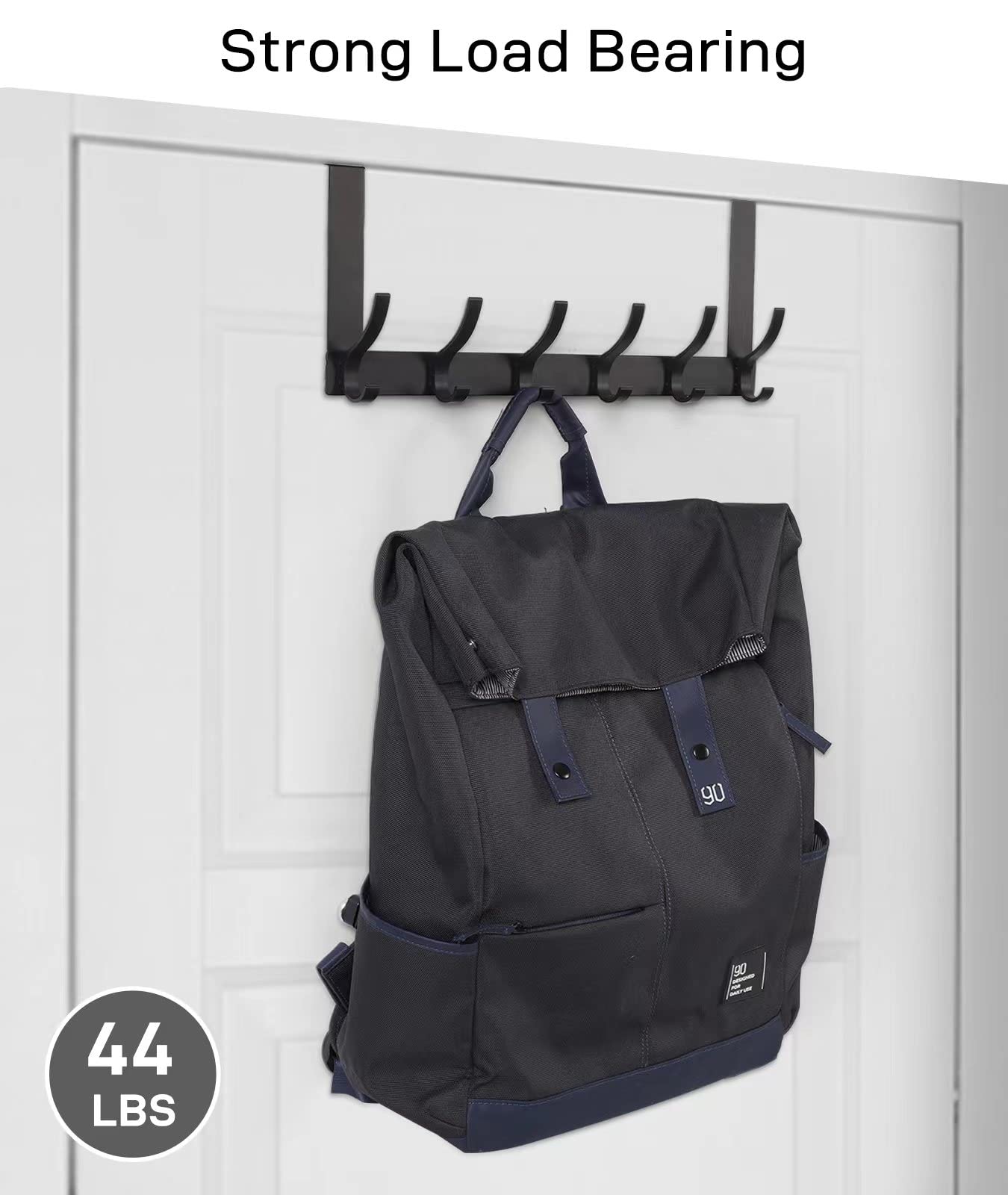 Optish Over The Door Hooks, Door Hanger Hooks for Hanging, Towel Racks for Bathroom with 12 Coat Hook, Coat Rack College Dorm Essentials Bathroom Accessories（1 Pack, Black）