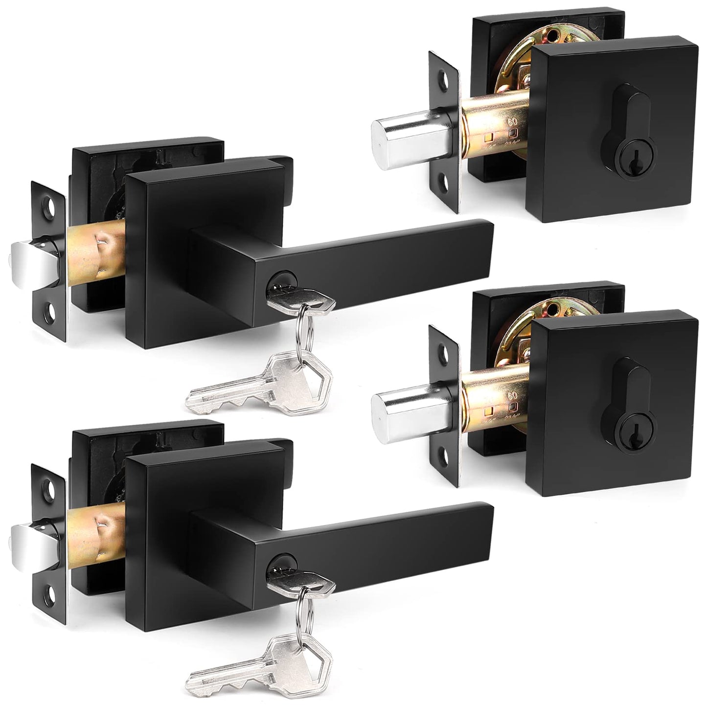 Probrico Square Entry Levers and Single Cylinder Deadbolts Combo Pack, Flat Black Keyed Alike Heavy Duty Keyed Entry Handles Locksets Reversible for Right and Left Side, 2 Pack(All Same Keys)