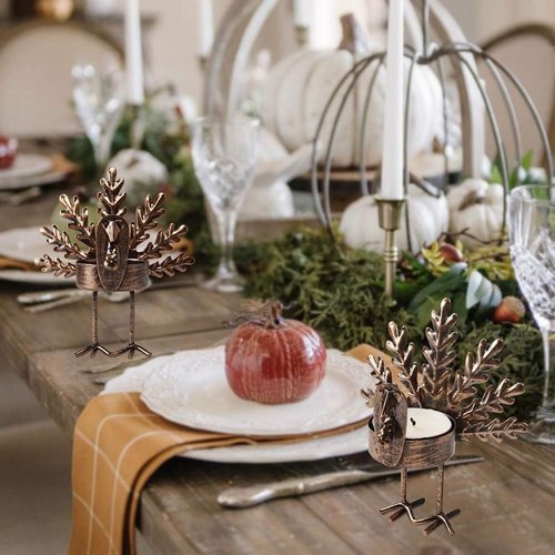 FORUP Metal Turkey Tea Light Candle Holders - 6 Pack for Thanksgiving Home Decor