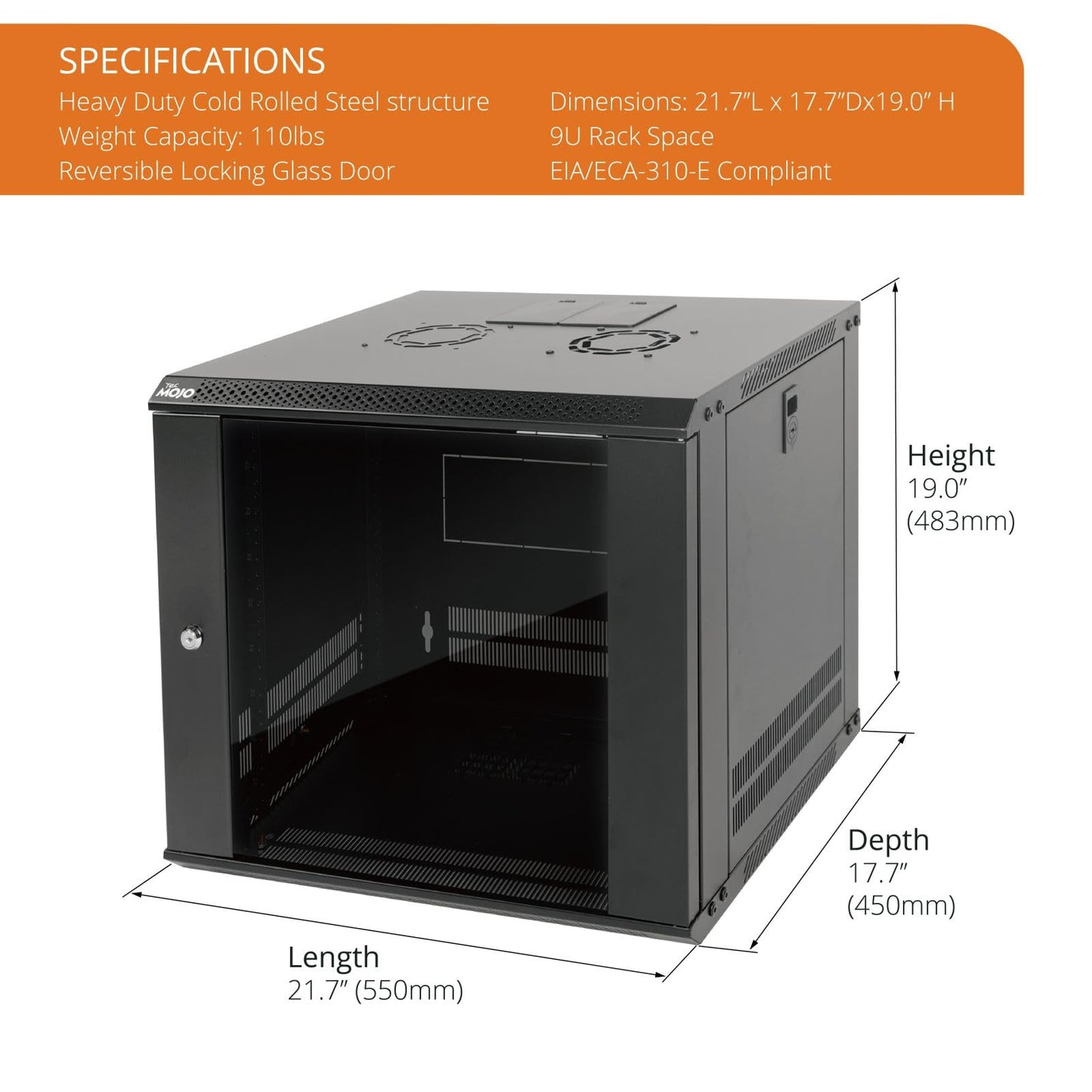 Tecmojo 9U Wall Mount Server Cabinet IT Network Rack Enclosure Lockable Door and Side Panels Black,Cooling Fan, Glass Door, 17.7inch Depth,for 19” IT Equipment, A/V Devices