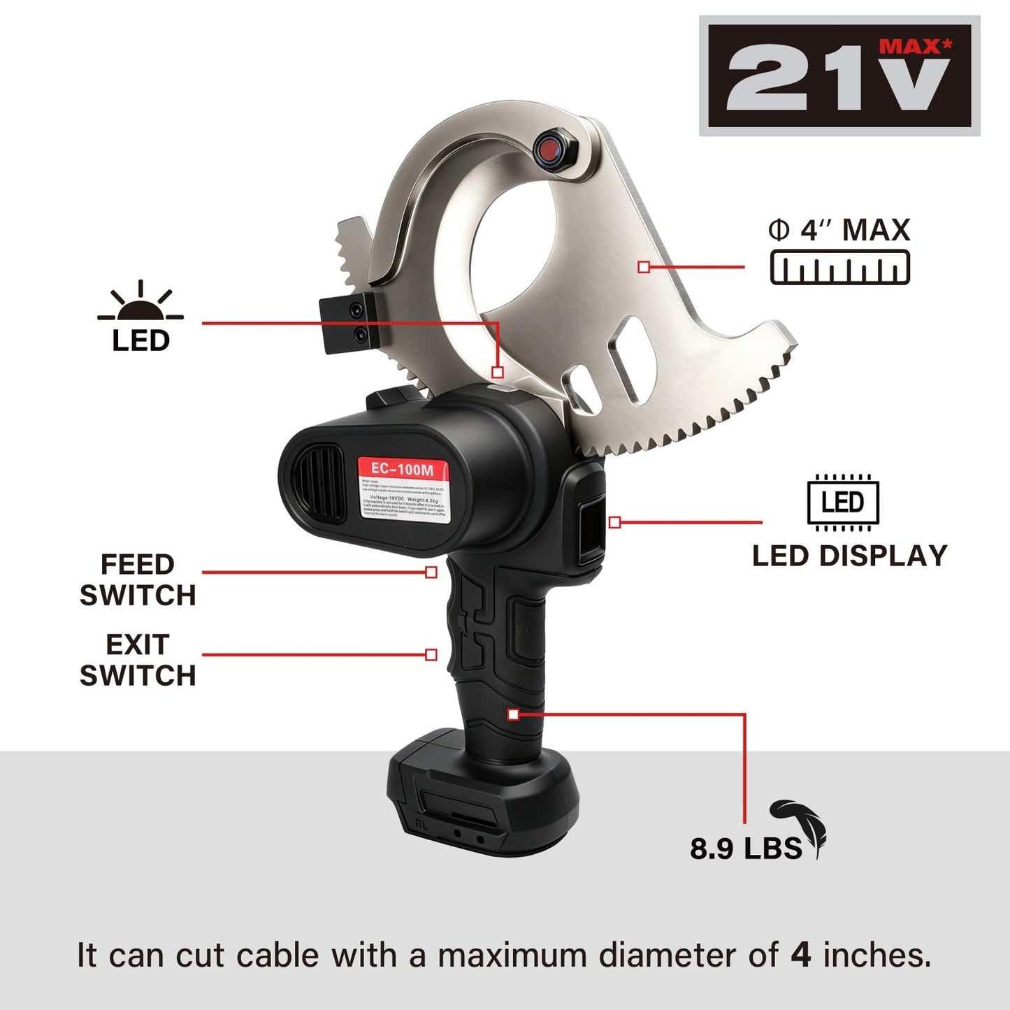 4” Battery Ratcheting Cable Cutters 21V 10lbs Cordless Electric Portable Heavy Duty Cable Cutting for Diameter Communications, Armored, Lead Sheath, Copper, Aluminum Cables