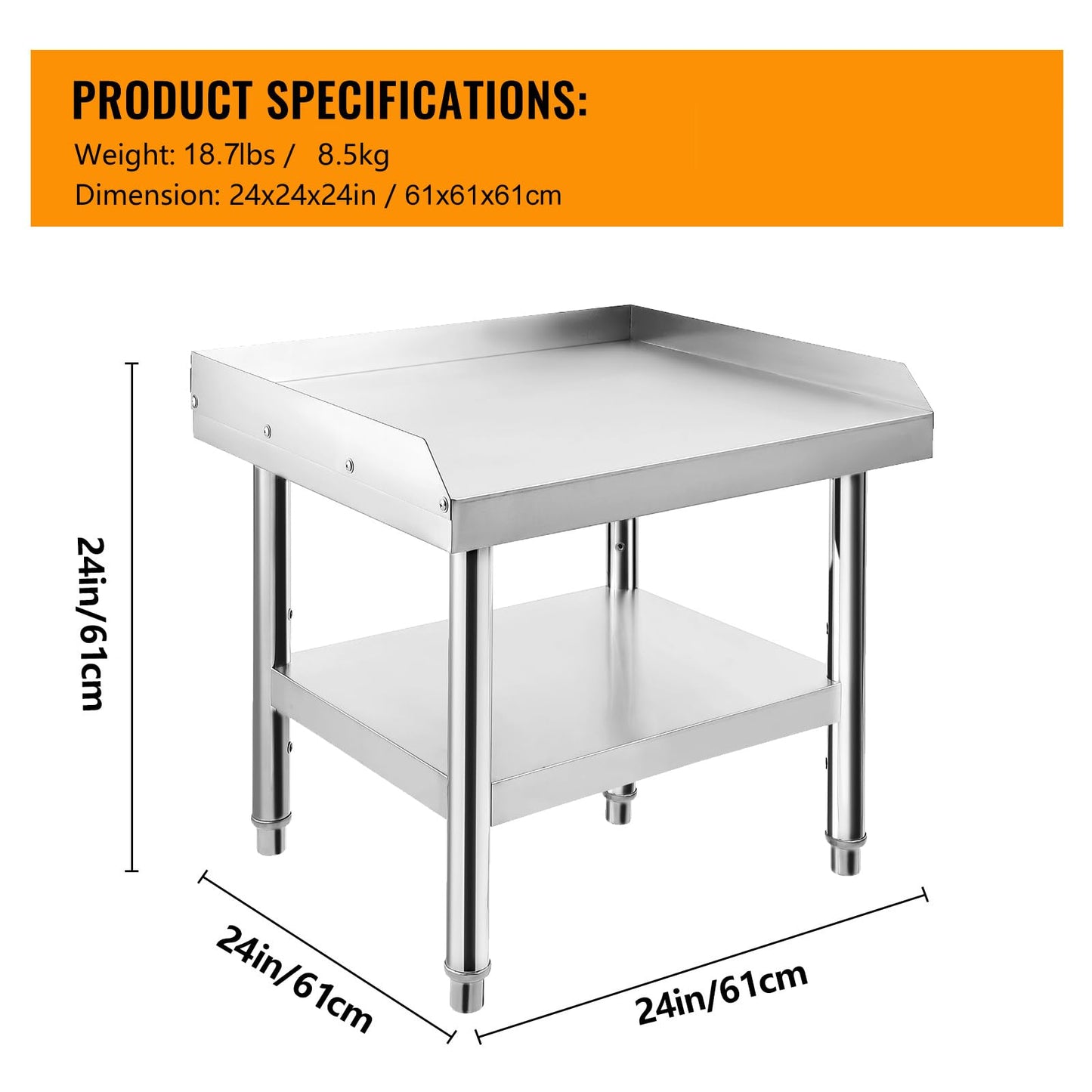 MOVECOM Stainless Steel Equipment Grill Stand Table 24x24x24 inch, 1000 lbs Top Shelf, 220 lbs Bottom Shelf, Adjustable Legs, 2" Edge Baffle, for Hotel, Home, Commercial Restaurant Kitchen