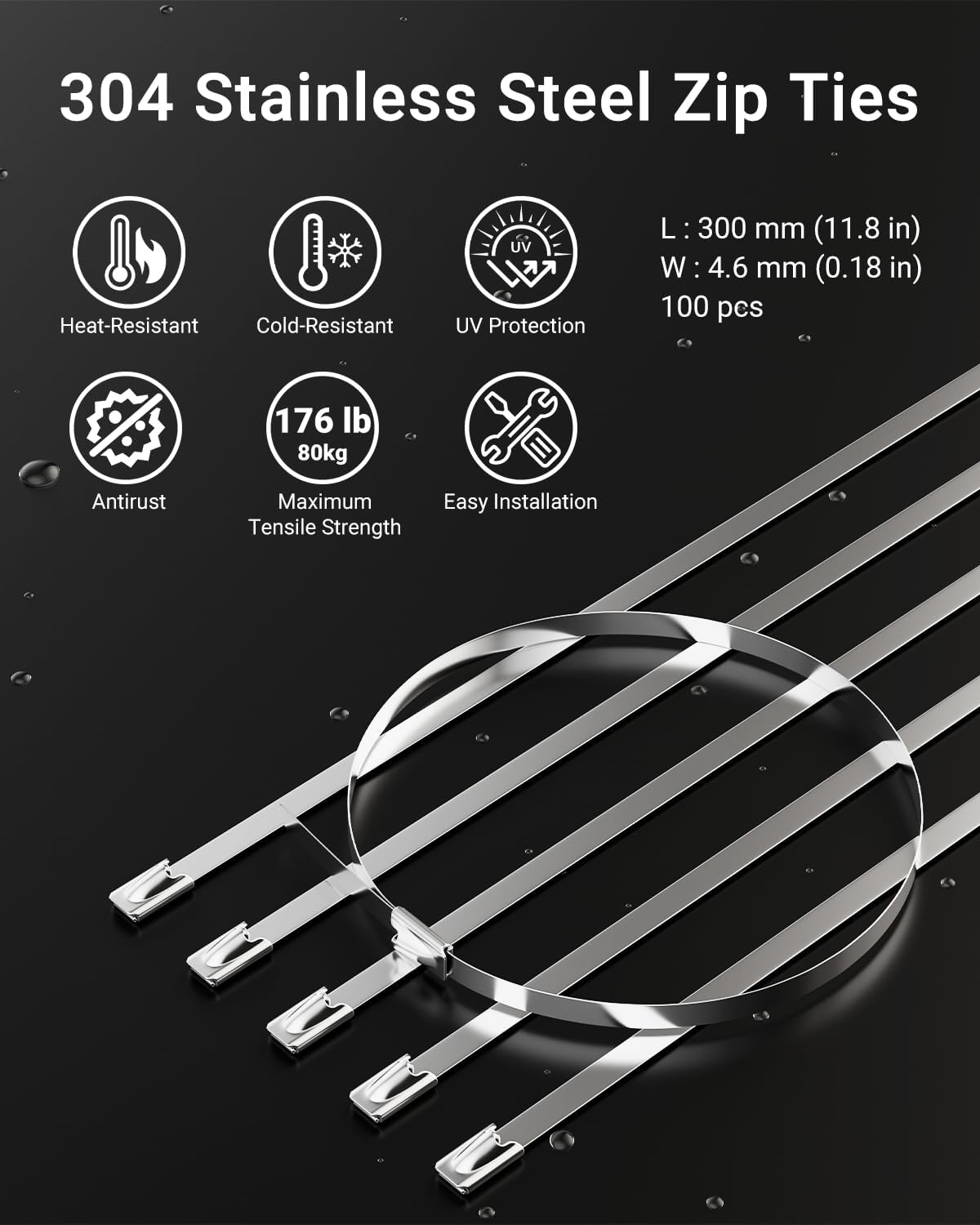 100 11.8 Inch 304 Metal Zip Tie Tool with PCS Stainless Steel Zip Ties, Heavy Duty Zip Tie Cutter and Tighter