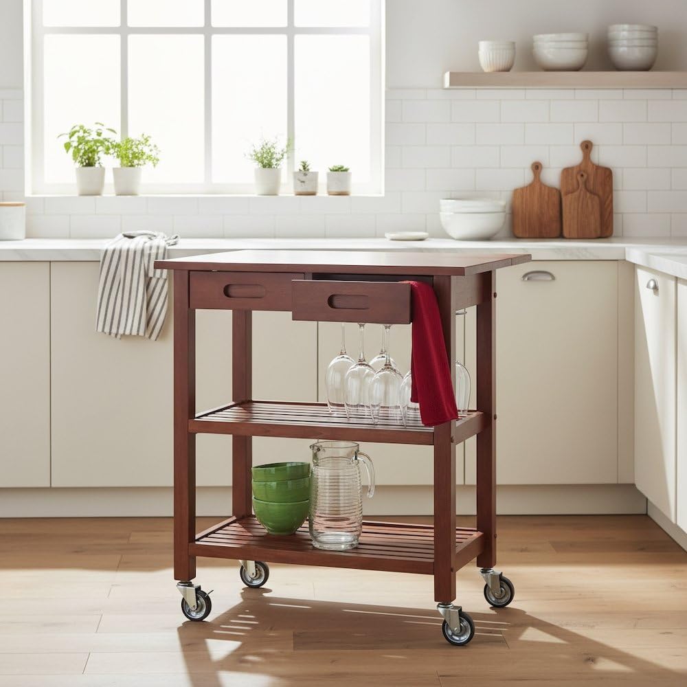 Furnifact Kitchen Cart, Drop Leaf Extension, Slatted Shelf, 2 Locking Casters, Solid Composite Wood, Brown