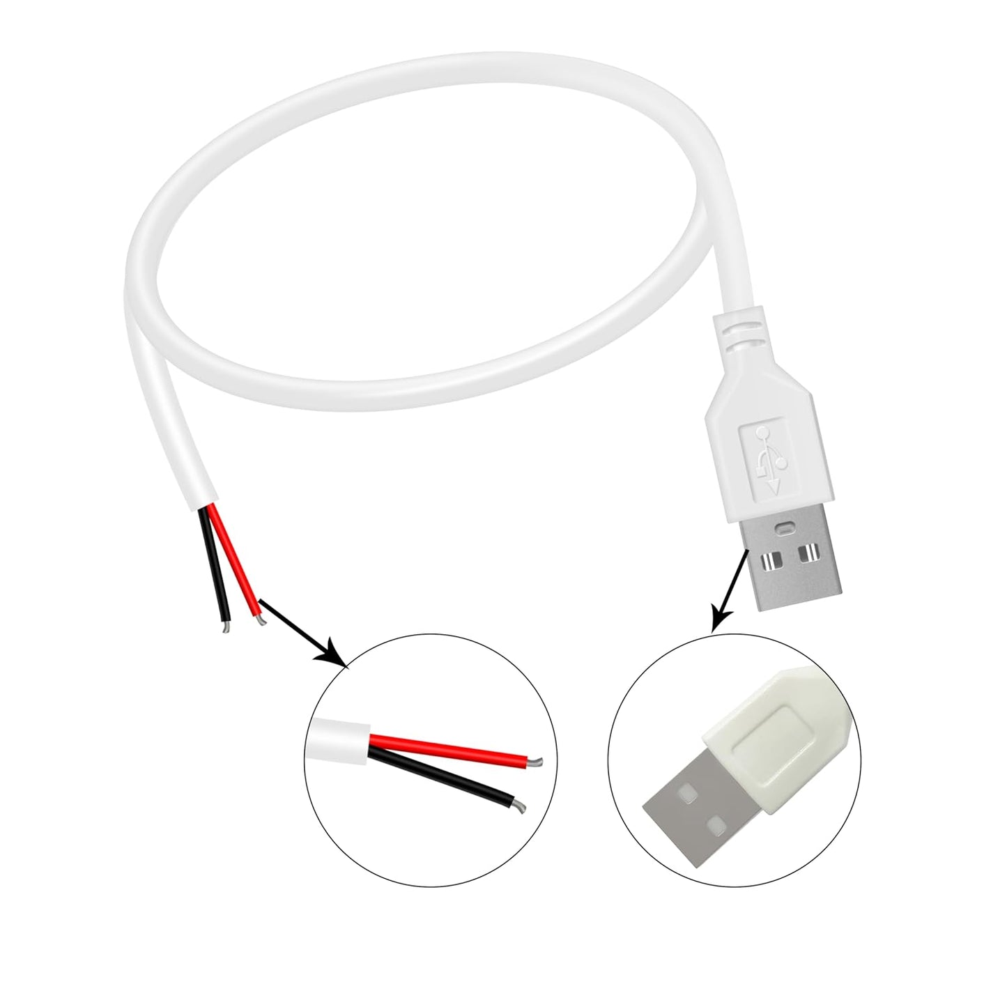 WMSDGZAI 24AWG 2.0 2 5V 2A 1.64FT 2PACK) USB Male Pin Bare Wire Pigtail Cable, USB Extension Cable Open End for DIY