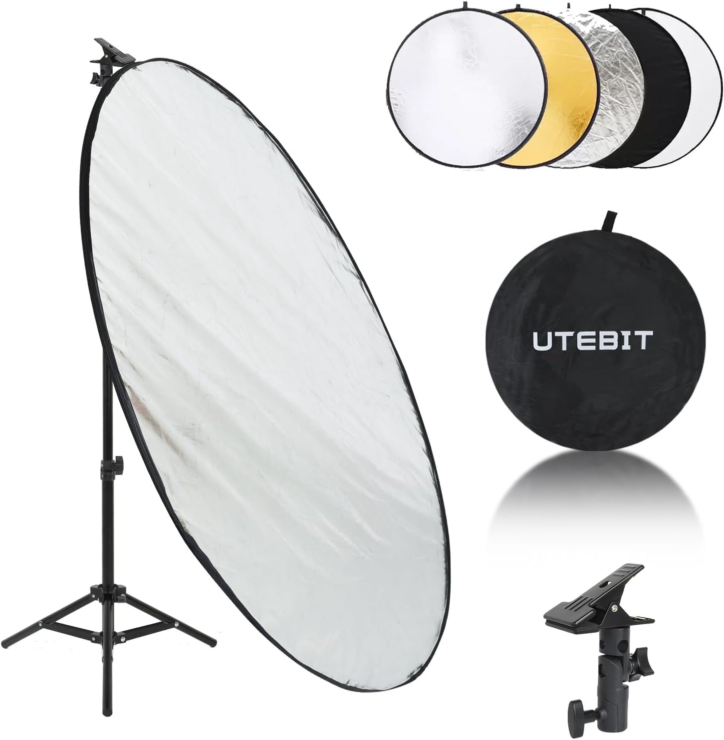 UTEBIT 43"/110cm 5 1 Photography Reflector with Stand & Clamp, Collapsible Light Reflector with Bag in Multi Disc