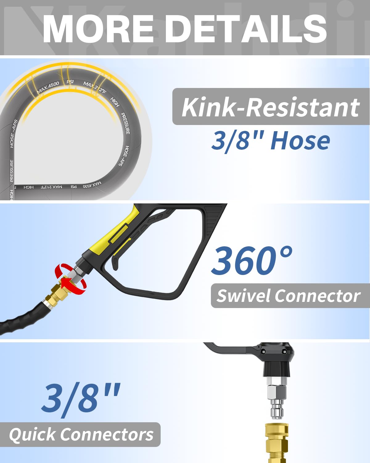 KARHDIR Pressure Washer Hose 125FT 3/8" for Cold and Hot Water 212°F, with Swivel Quick Connect, 4500PSI Kink Resistant Grade Steel Wire Braided, Power Washer Hose With 2pcs M22-14mm Adapter