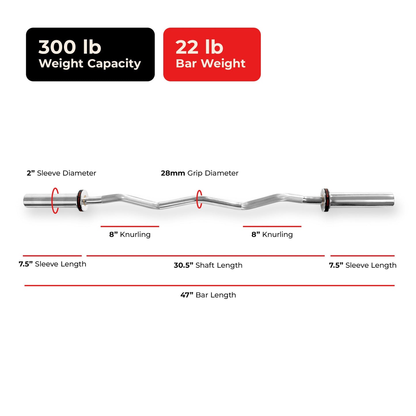 Sunny Health & Fitness 47" Olympic EZ Curl Bar, Chrome Finish, 2" Olympic Sleeves, Bearing & Bushing Rotation, Hill Knurling, Ring Collars, 300 LB Capacity - SF-OB03-47