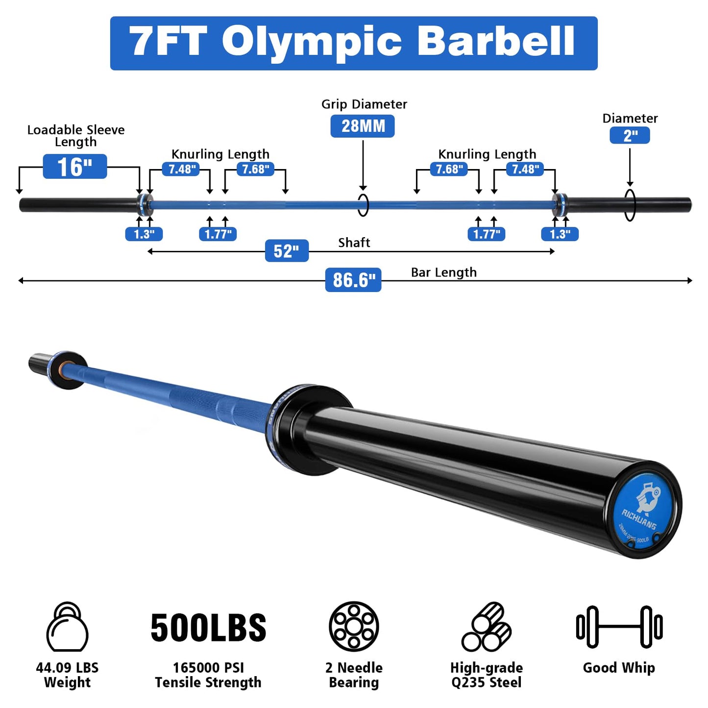 RICHUANG 7ft Olympic Barbell Weight Bar for Weightlifting, Powerlifting, CrossFit Training, 500 lbs Max Load Capacity, Q235 Steel, 2 Inch Olympic Strength Training Bar for Home Gym Exercises Fitness Equipment 500LBS-Blue