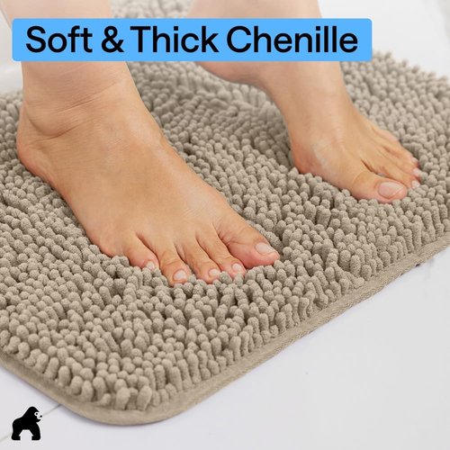GORILLA GRIP Bath Rug Mat - Thick Absorbent Chenille | Quick-Dry Microfiber, 44x26, Gray Beige