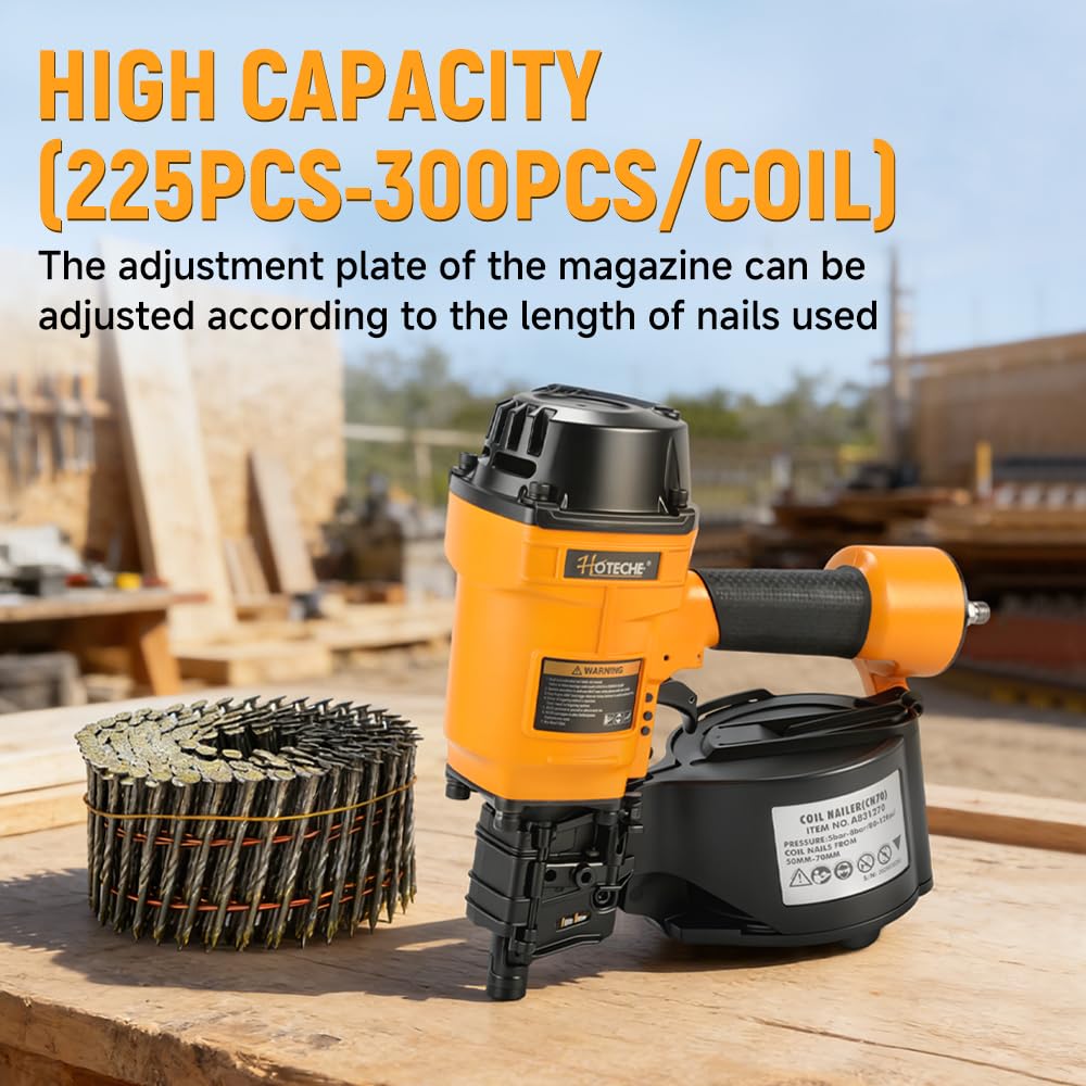 Hoteche Pneumatic Coil Nail Gun, 50-70mm Nail Length, 300pcs Capacity, 5-8bar Pressure, with European/American/Japanese Inserts, Color Box