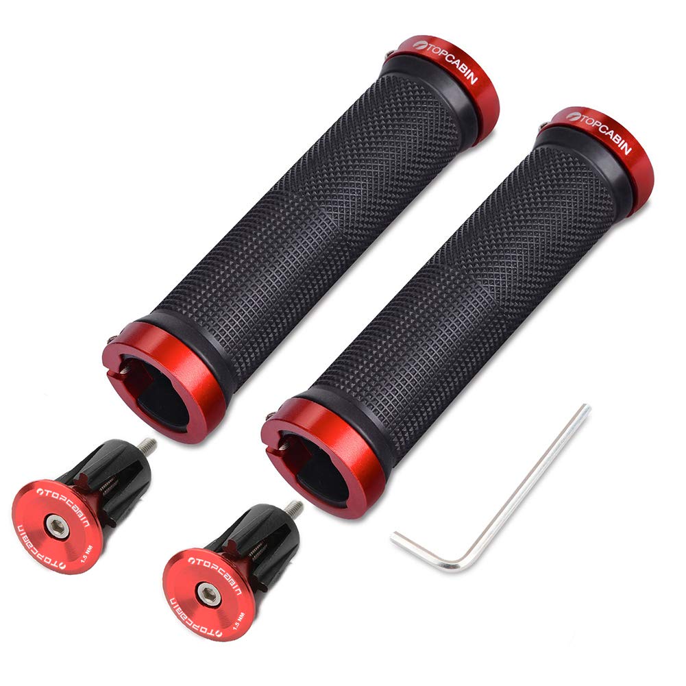 TOPCABIN Bicycle Grips,Double Lock on Locking Bicycle Handlebar Grips Rubber Comfortable Bike Grips for Mountain BMX ((Aluminum Lock Plug) Red 1 Pair)