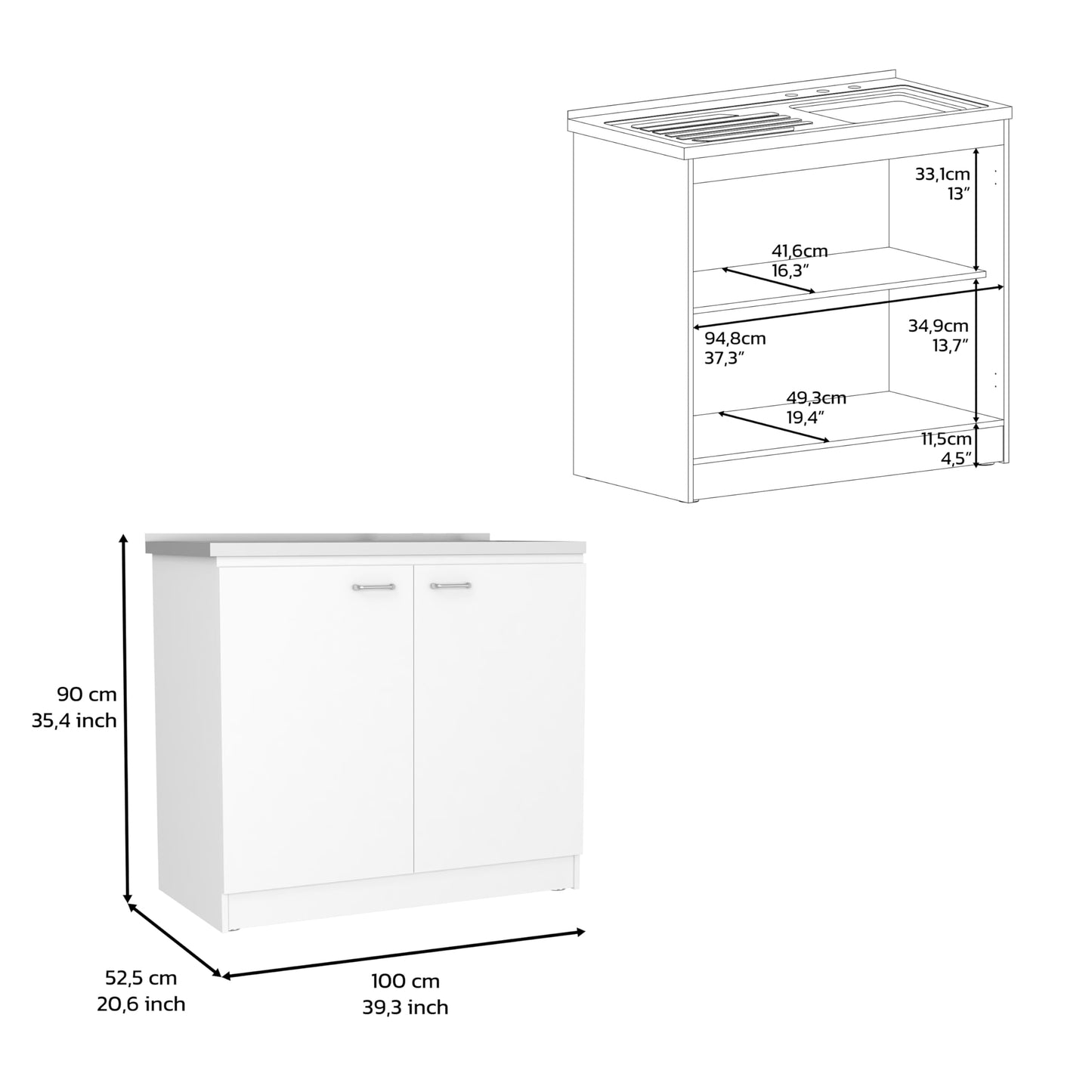 DEPOT E-SHOP Salento Utility Freestanding Sink with Cabinet 35.4" H x 39.3" W - Double Door, Two Shelves, Metal Handles, Aluminum Countertop, White, with Integrated Steel Sink