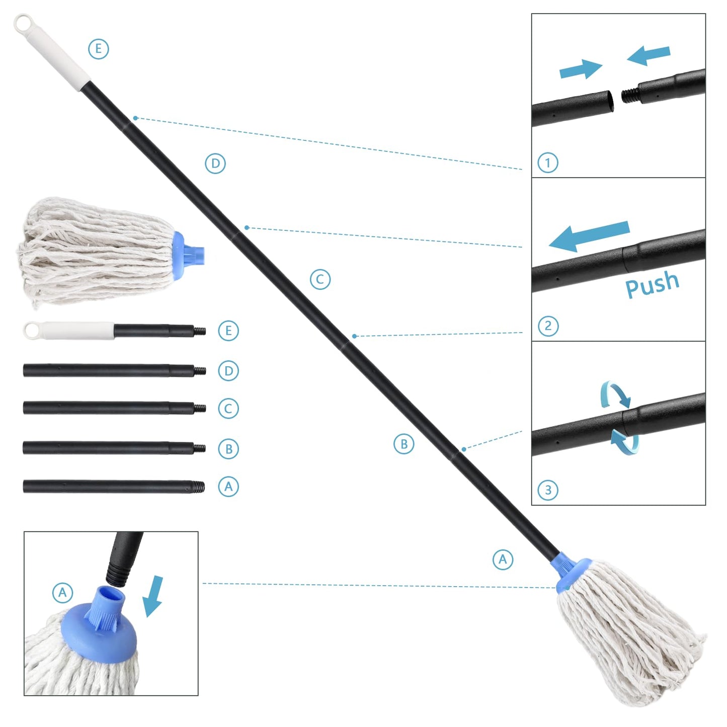 Indoor Mop for Floor Cleaning - Cotton Mops for Floor Cleaning, Regular Mop for Floors, 49-inch Simple Mops for Cleaning Living Rooms, Bathrooms, and Kitchens. (White&Blue)