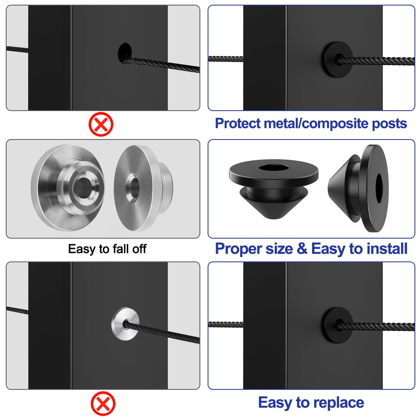 BLIKA 100 Pack Cable Railing Rubber Grommets for 1/8" 5/32" 3/16" Cables for Metal Cable Railing Posts, 1/8" Cable Railing Grommet, Cable Railing Protective Sleeves for Metal Posts, BL10-L