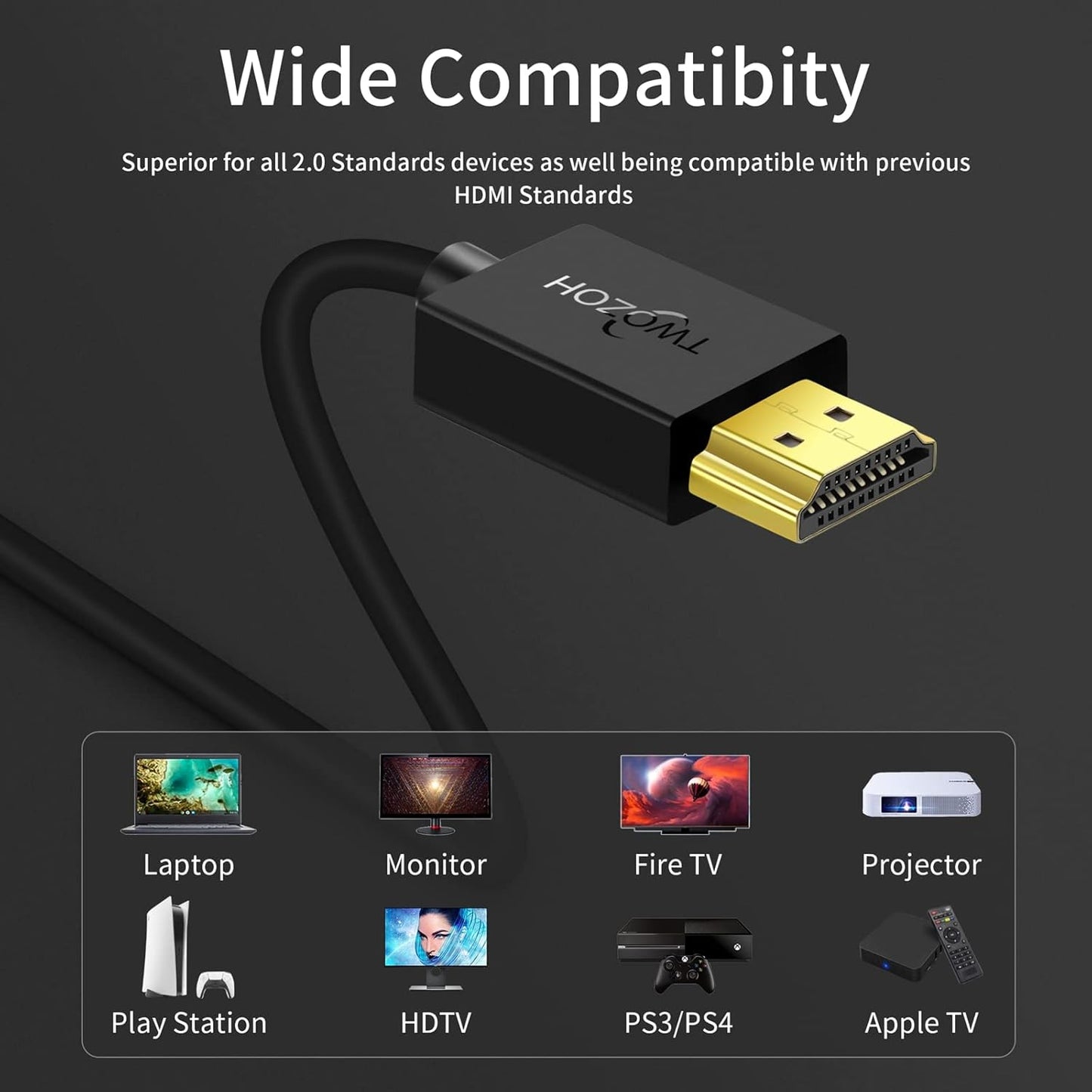 Twozoh 3.3FT 2 Pack, 4K@60Hz/2160P/1080P Slim HDMI Cable Ultra Thin & Extreme Flexible HDMI to HDMI Cord Support
