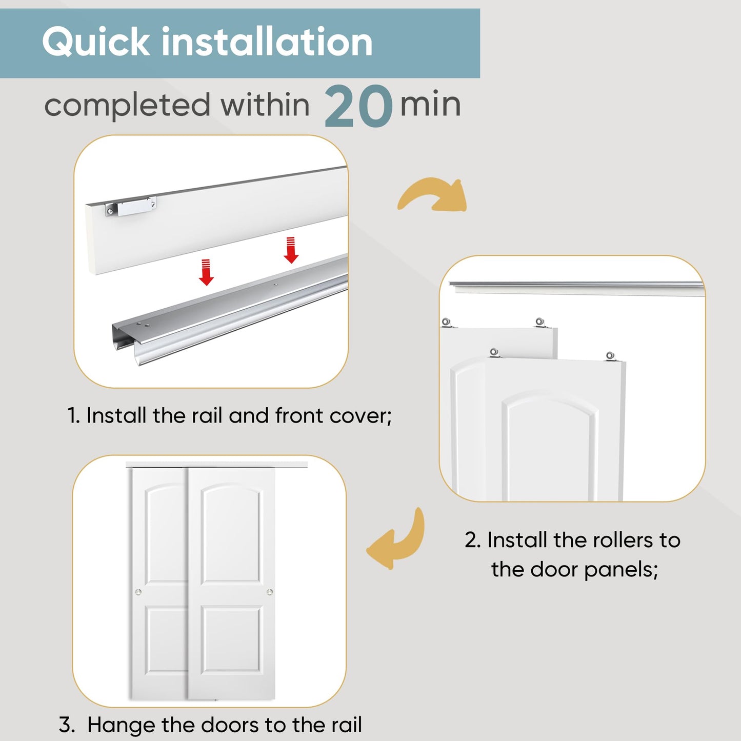JUBEST 60x80 in Sliding Closet Door, Raised 2-Panel Arch Top White Primed Hollow Core Door Slab with Hardware Kits & Matching Fascia, Pre-drilled & Paintable, Space-Saving for Bedroom Laundry