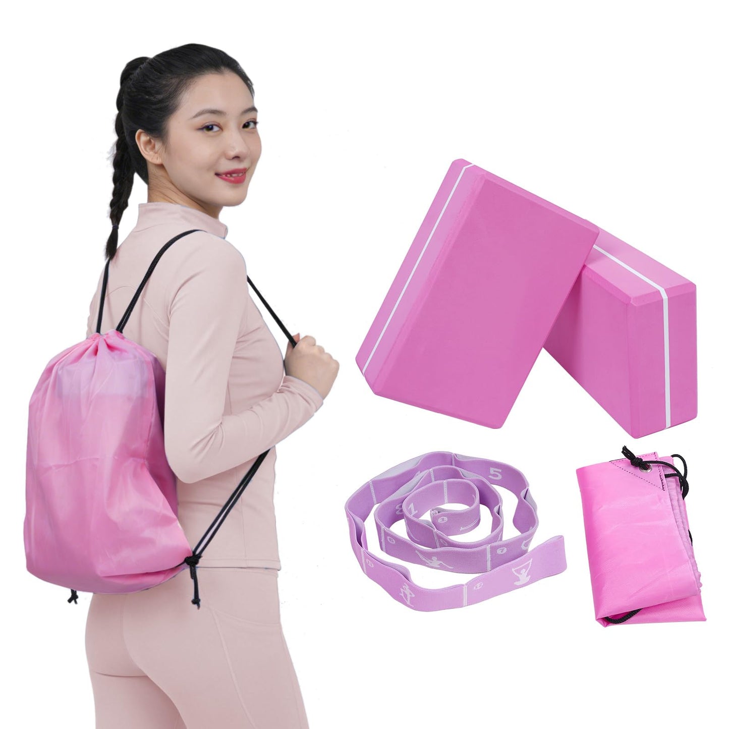 Yoga Blocks Set of 2 with 12 Loop Stretch Band and Carry Bag, Heavier High Density EVA Foam Yoga Blocks for Yoga, Pilates, Stretching, Flexibility Training, Ballet Warm Up, Dance and Home Workouts Set