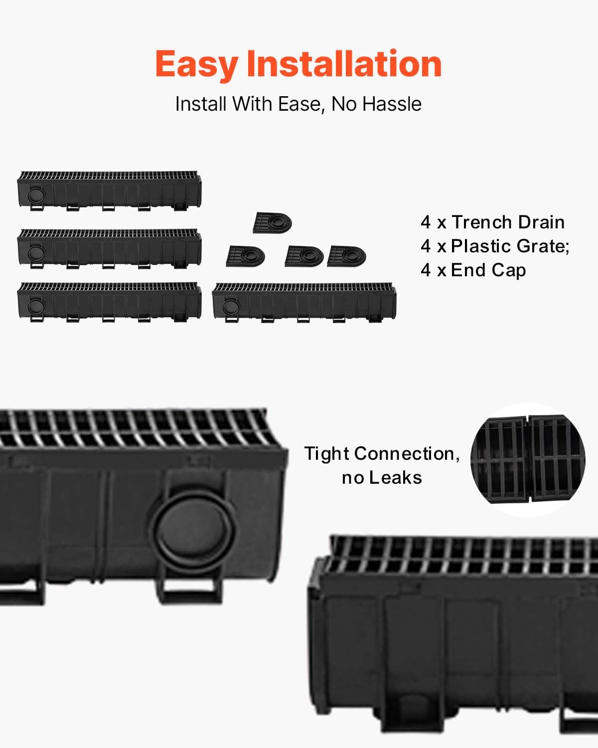 VEVOR Trench Drain System 4 Pack, Channel Drain with Plastic Grate 5.9 x 7.5 in HDPE Drainage Trench, Black Plastic Garage Floor Waterway 4 x 39 in with 4 End Caps for Garden Driveway