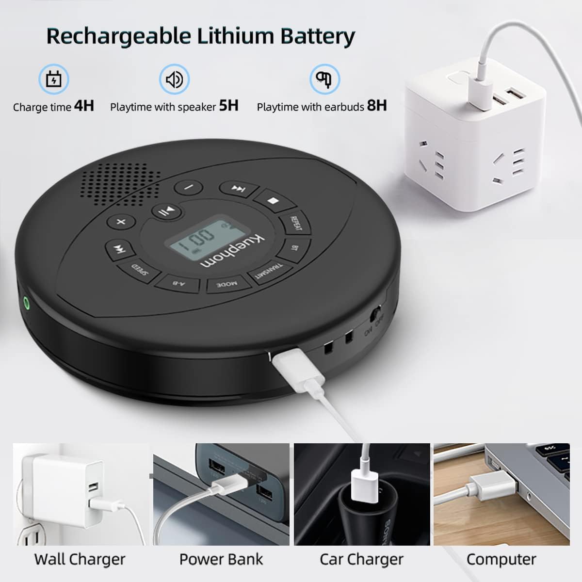 Kuephom Discman MP3, Portable CD Player Rechargeable with Speaker and Headphones, Walkman with Anti-Skip, CD-R, USB