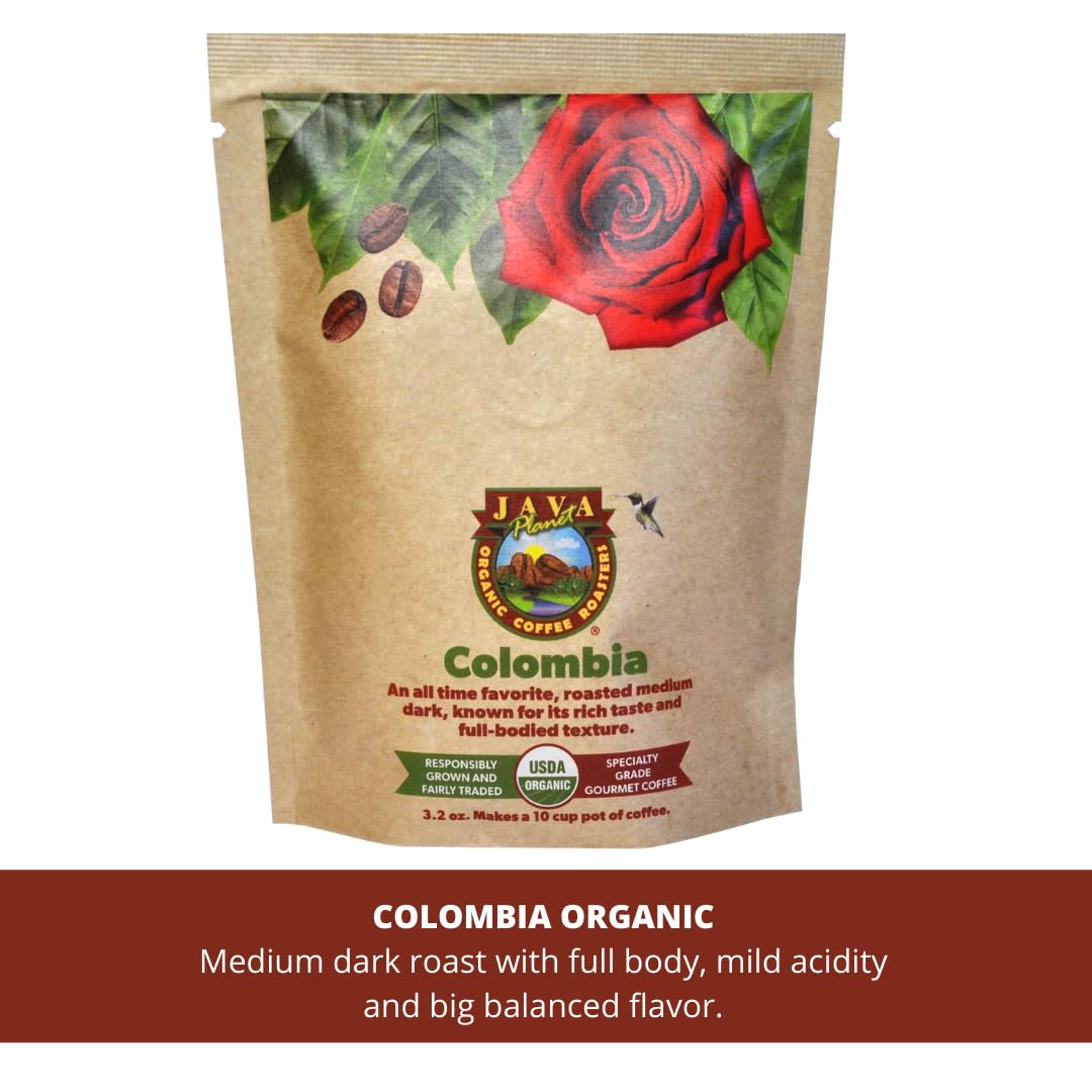 Java Planet, Coffee Gift Sampler Set, for Coffee Lovers: Low Acid Organic Beans: Whole Bean, Mold-Free & Stomach Friendly - Arabica Gourmet, 1.32 LBs (19.2 oz) packaged in 6 Bags Each 3.2 oz