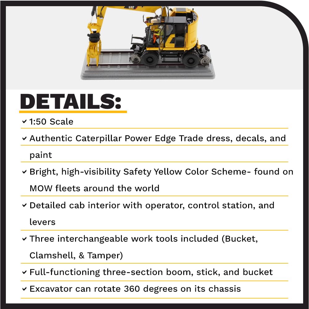 Diecast Masters 1:50 Scale Caterpillar M323F Railroad Wheeled Excavator - Safety Yellow Version | High Line Series Cat Trucks & Construction Equipment Model 85661