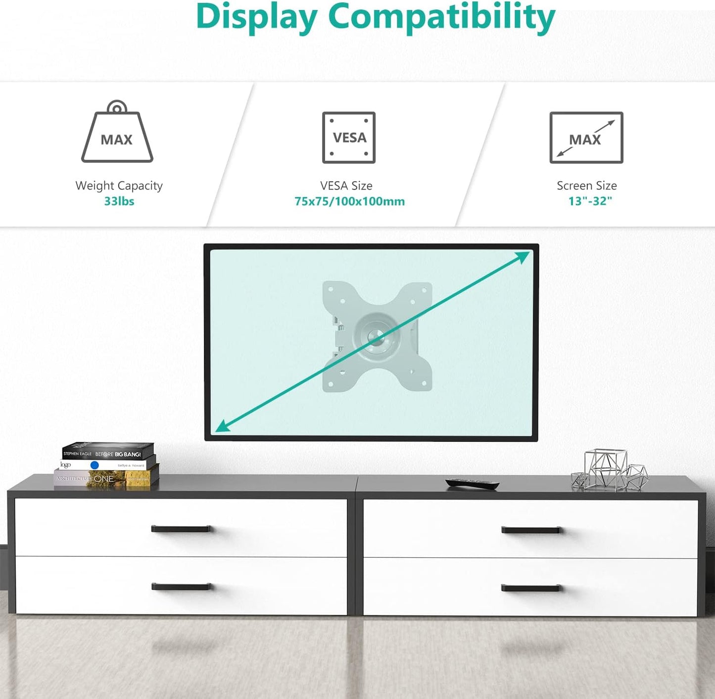 WALI 15 inch 13 32 inch 100x100mm (1330LM-W), TV Wall Mount Articulating LCD Monitor Full Motion Extension Arm Tilt