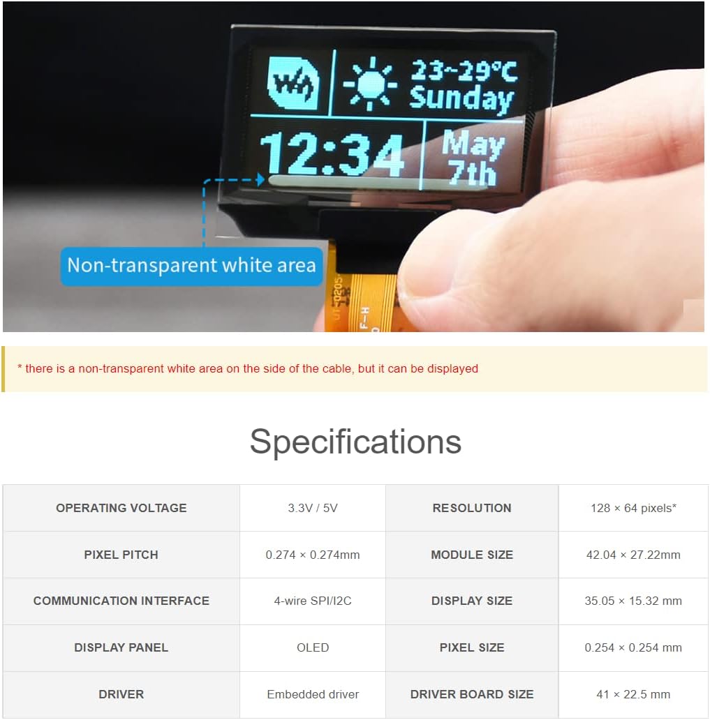 1.51inch 12864 Pi/Arduino/STM32,Full Chip,SPI/I2C Transparent OLED Display Module Resolution Light Blue Color Display