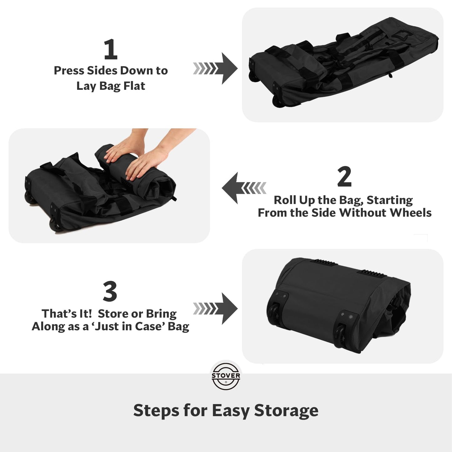 STOVER 45/80/100L Rolling Duffel Bag with Wheels, X-Large Durable Travel Duffle + Toiletry Bag, Heavy Duty, Packable with Shoulder Straps- Use as Luggage or Backpack, Men/Women (Black)