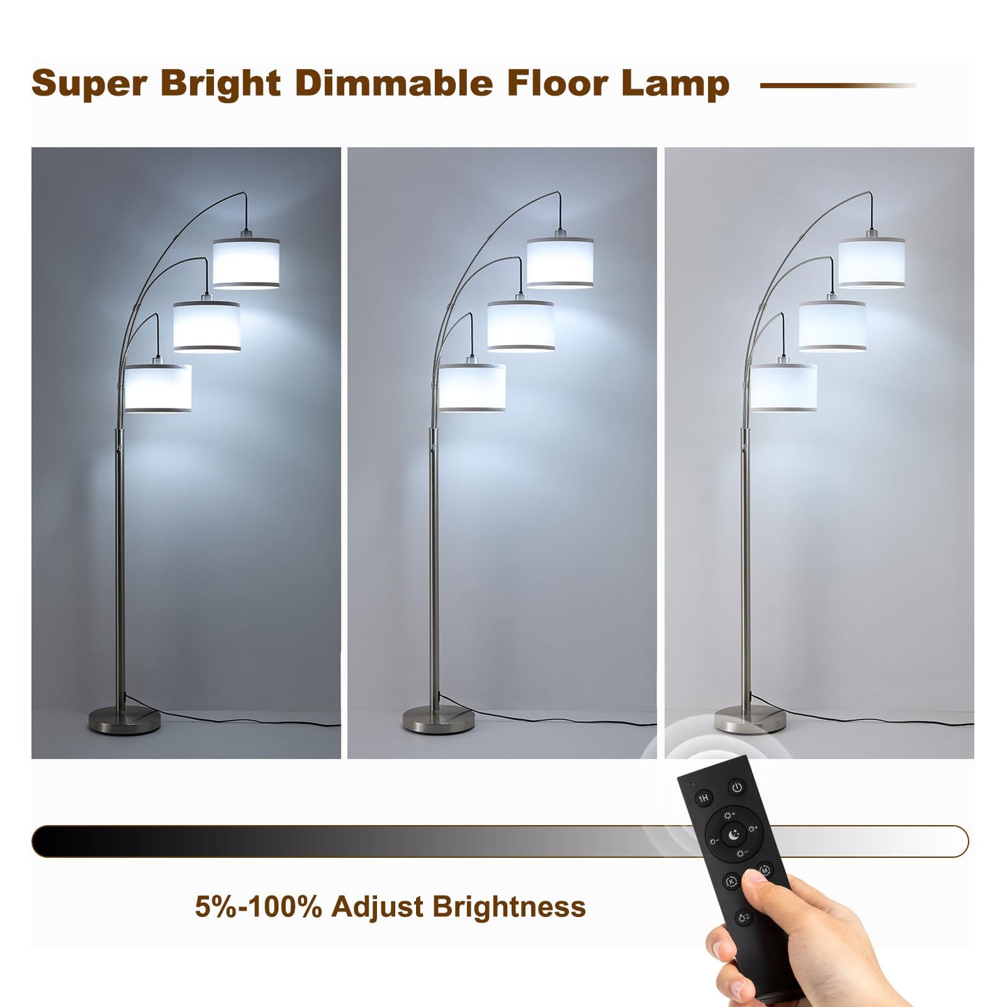 Fansdrick Floor Lamps for Living Room, 2400LM Super Bright Arc Floor Lamp with Remote Control, 3 Light Tall Floor Lights with Stepless Dimmable, 80" Mid Century Tree Floor Lamp for Bedroom, Office
