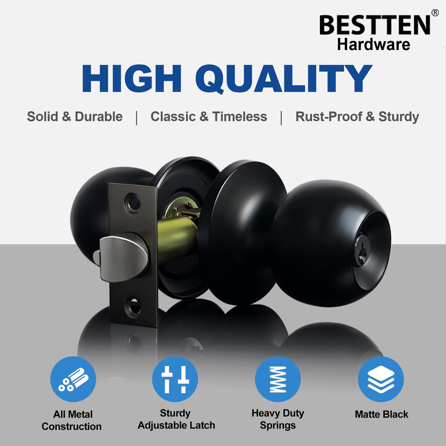 BESTTEN Keyed Entry Door Knob, Heavy Duty Entrance Door Lock, Standard Ball, All Metal, Matte Black