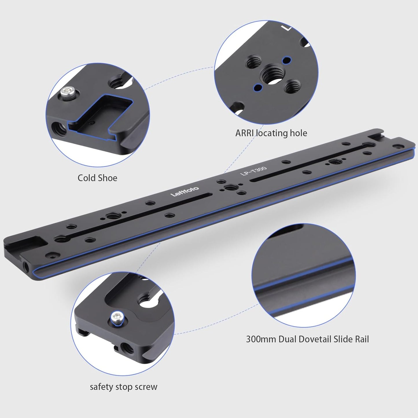 Leftfoto 300mm 1/4" 3/8" Dovetail Slide Rail,Arca Swiss Type Quick Release Plate with Locating Hole for ARRI,with More