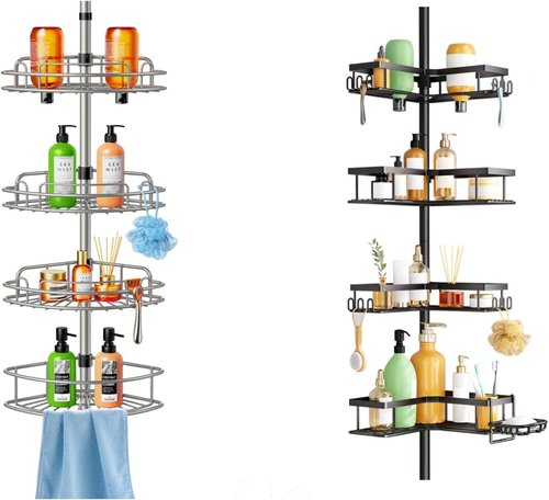 HAMITOR Shower Caddy Tension Pole - 4-Tier Rustproof Bathroom Organizer | Adjustable No-Drill Shelf - 47-123 Inch