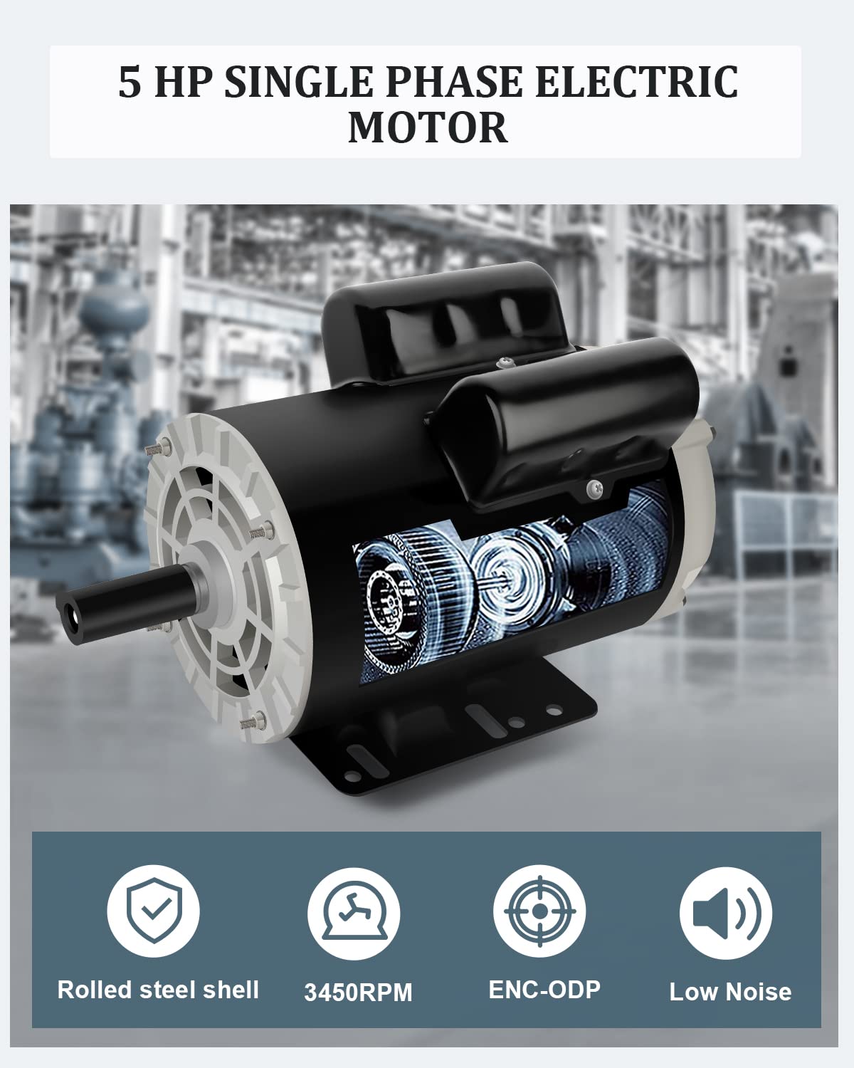 Air Compressor Motor 5HP Single Phase Electric Motor 3450RPM 208V-230V 7/8" Shaft Diameter, Commercial-Duty CCW Rotation 56HZ Frame, 2Pole
