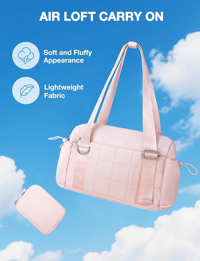 VUUDH Puffy Mini Gym Bag for Women, Carry On Multi-Pocket Water-Resistant Duffel, Lightweight Sports Bag for Fitness, Work, Travel, Daily Commute,Pink