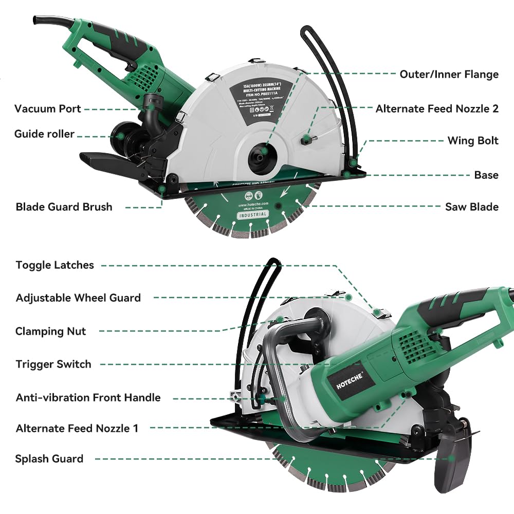 Hoteche 14-Inch Electirc Concrete Saw - 2600W Multifunctional Cut-off Saw with Diamond Cutting Blade for Masonry, Mentalworking and Woodworking