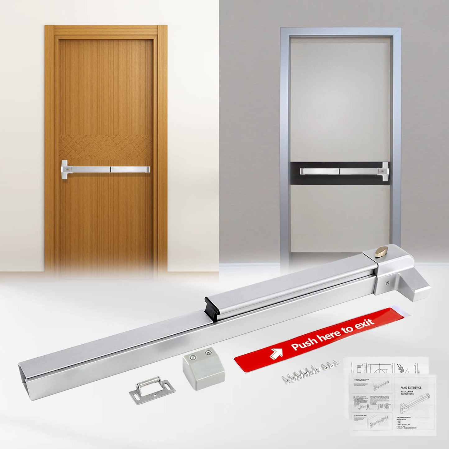 PARTOL Panic Bars for Commercial Exit Doors - Silver Stainless Steel Panic Bar Lock Set Emergency Door Hardware fits 27.56-40.94 Inch Wood & Metal Doors