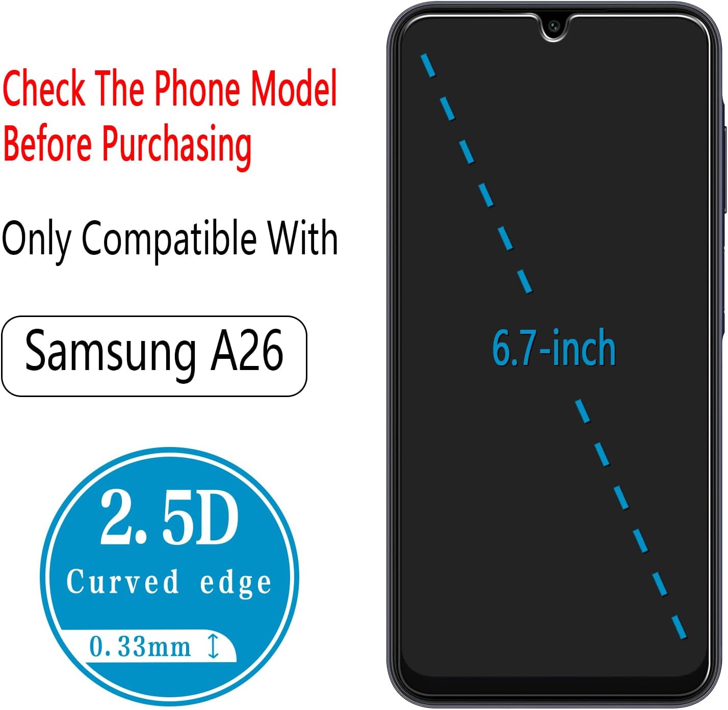 (2 Pack) A26 5G 9H Designed for Samsung Galaxy Tempered Glass Screen Protector, Hardness, Anti Scratch, Bubble Free